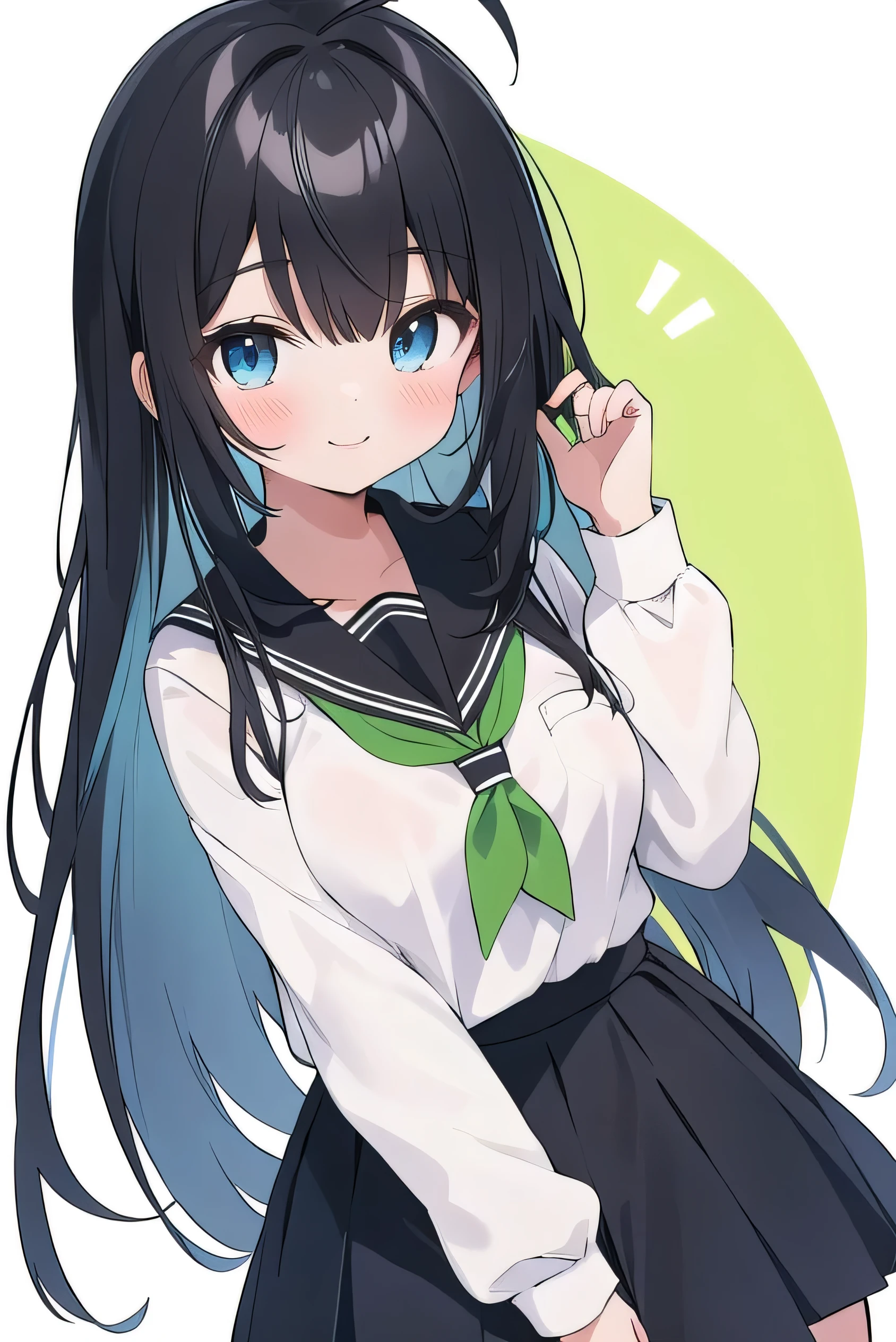 Junior high school student who looks like an elementary school student, 14 years old, very short, 140cm tall, black hair with a slight green tinge, short ahoge, beautiful long hair but with a little hair sticking out, beautiful round eyes, blue eyes, smile, boyish, long sleeves , thick clothes, skirt, big breasts, hair longer than waist, long hair, young face, dark greenish black hair, gentle smile, a little shy, skirt is black, hair is black but has a slight green tinge, boyish and gentle smile I have.