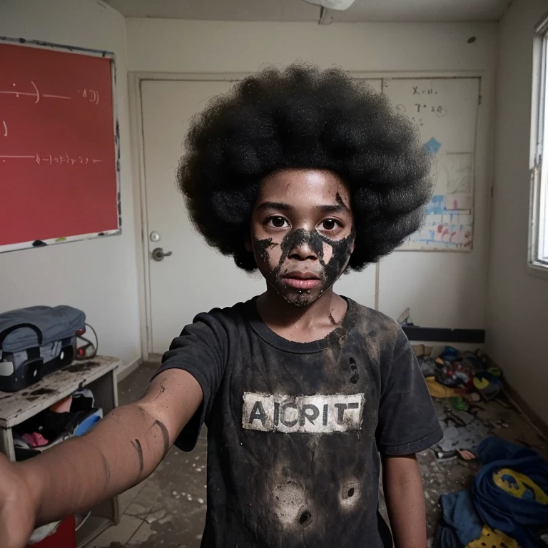 A selfie of a boy in elementary school, covered in soot and with an afro from an explosion in his room.