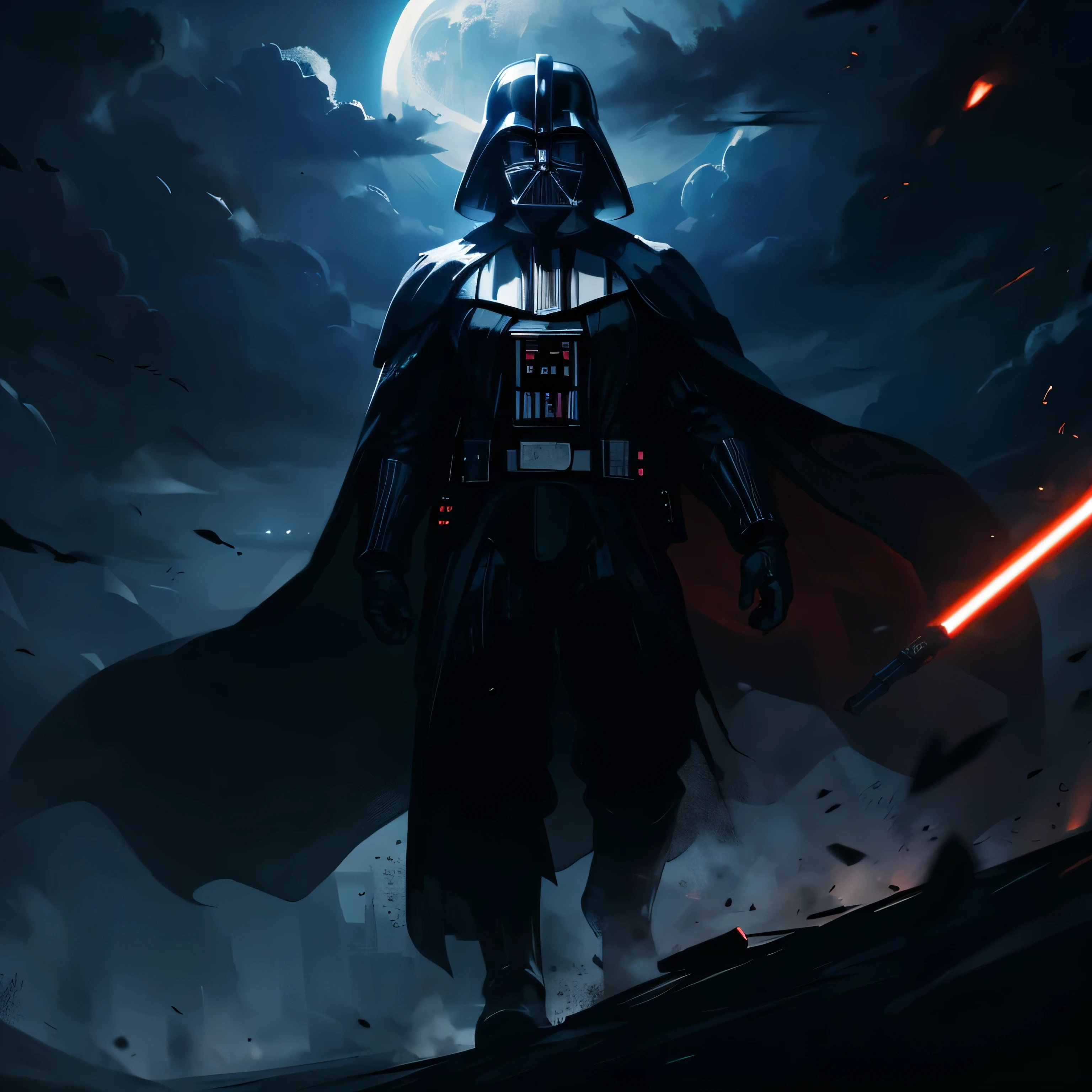 Dramatic Darth Vader fighting scene, silhouette shot, painting style, dark background, dark lighting