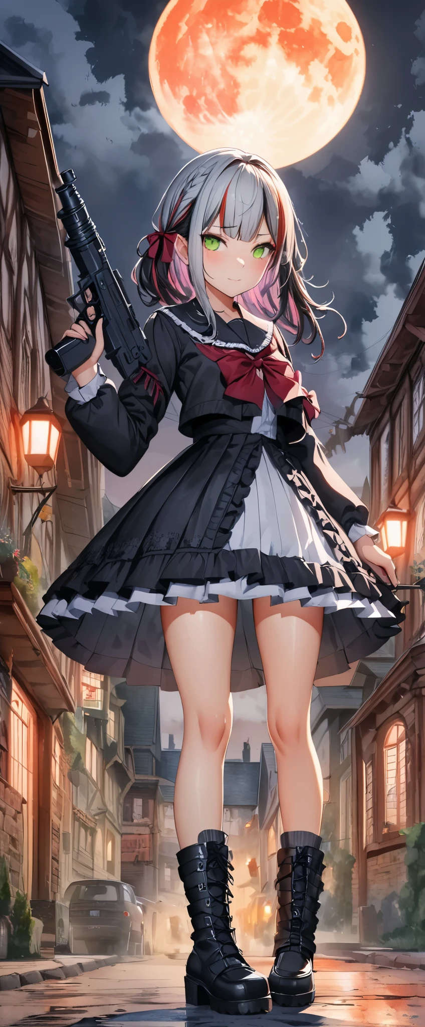 Green Eyes Top Quality Super Detailed,unity 8k wallpaper,Embarrassing,(School Uniform Gothic ta:1.2),((Twin Drill)),Full moon night,((watercolor)),whole body,((Glowing Eyes:0.8)),beautiful girl,Silver Hair,,Braided boots,town,city,black hair, ((highlights hair,red streaked hair)),Holding a gun