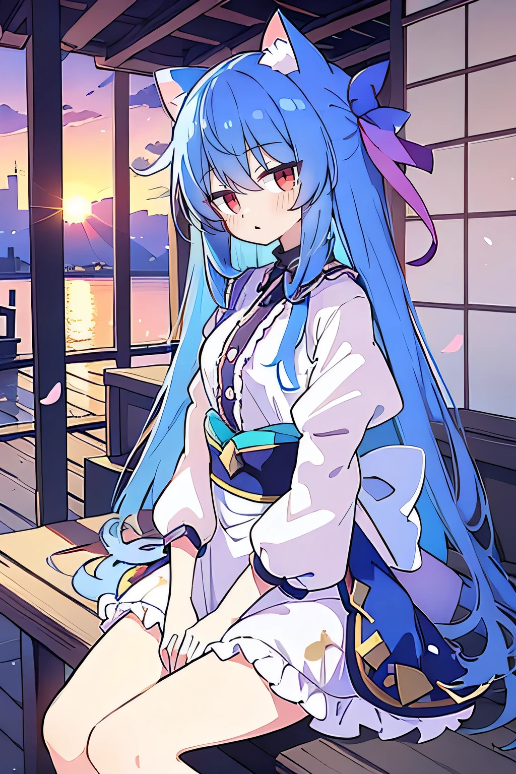 (masterpiece:1.2),Super detailed,Practical,expressive eyes,Fair skin,Perfect face shaping,1 Girl,
Japanese cartoons,Gorgeous blue hair, the long flowing blue hair,Floating clothes,Cat ears,Petals falling,beautiful lola,Young Angel,
Hands on waist,sit elegantly on the ground,Cross your legs,Gentle and peaceful background,Cool and cozy pavilion,Sunset,