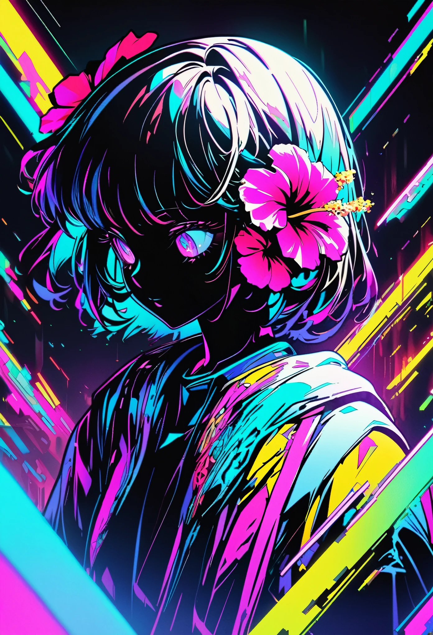 A black silhouette of an anime girl with a colorful hibiscus flower on her head. Flowers and blossoms should shine like diamonds and have different patterns. The background is dark and the lights are shining. The art style is digital, highly detailed and surreal style fantasy her illustrations. High resolution, high definition, neon colors and vibrant colors. There are glitch effects, holographic effects, neon lighting and hologram effects with cyberpunk elements. There is a high contrast between light and shadow, shadows and highlights.