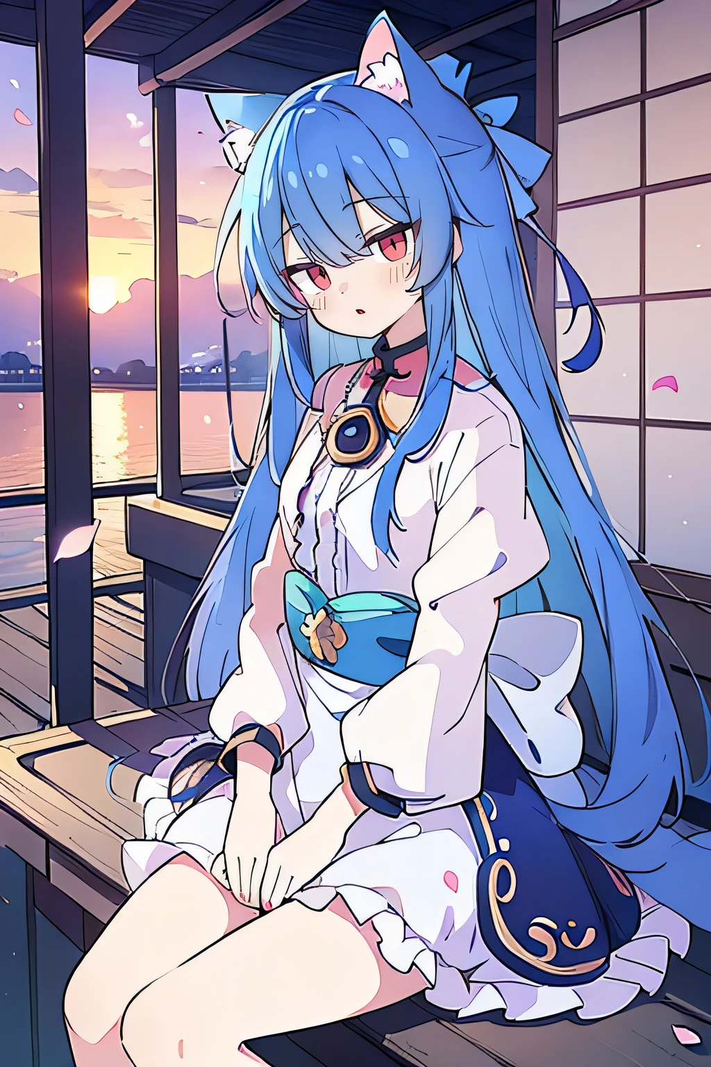 (masterpiece:1.2),Super detailed,Practical,expressive eyes,Fair skin,Perfect face shaping,1 Girl,
Japanese cartoons,Gorgeous blue hair, the long flowing blue hair,Floating clothes,Cat ears,Petals falling,beautiful lola,Young Angel,
Hands on waist,sit elegantly on the ground,Cross your legs,Gentle and peaceful background,Cool and cozy pavilion,Sunset,