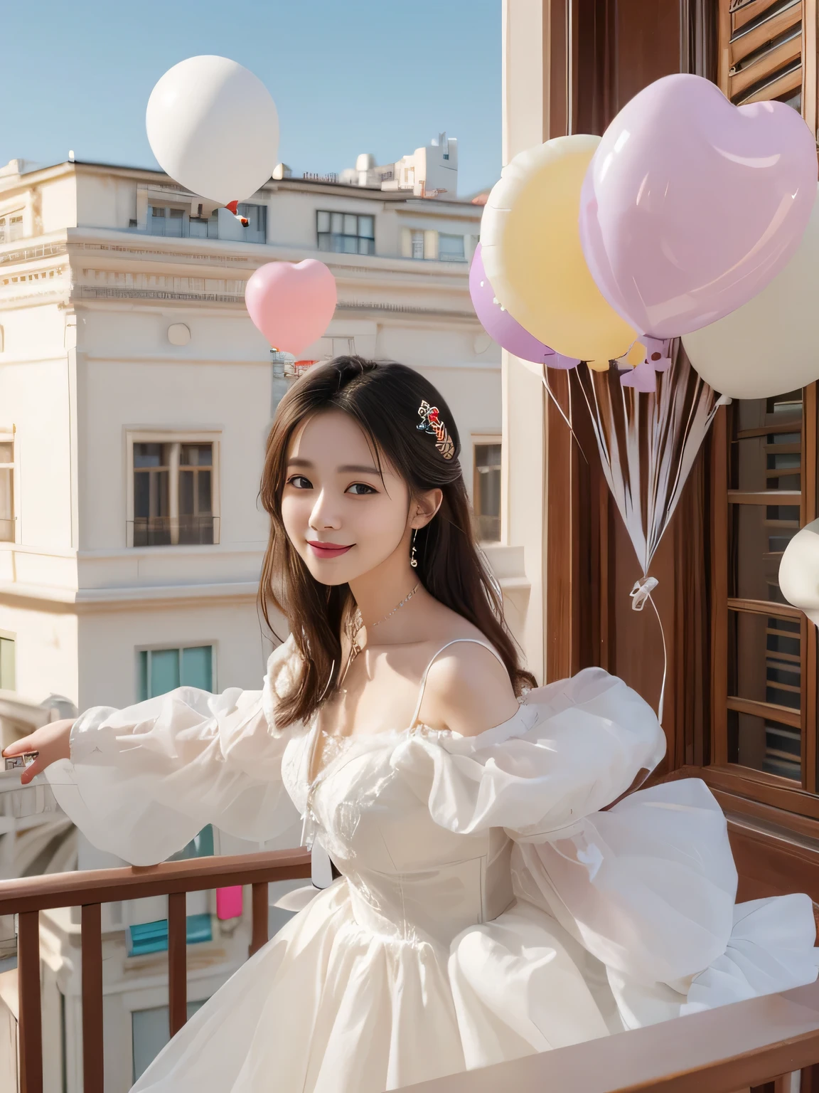 masterpiece、8k、32k、highest quality、20 years old、One Girl、elegant、(Detailed background depiction、Portrait:1.2)、White Dress、(balcony、many colorful balloons:1.3)、get up、Cowboy Shot、smile