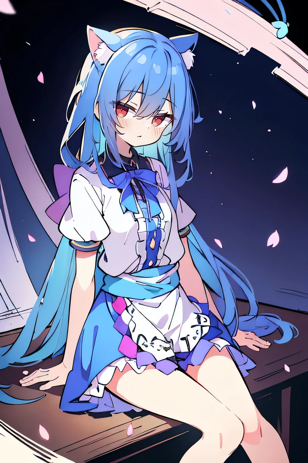 (masterpiece:1.2),Super detailed,Practical,expressive eyes,Fair skin,Perfect face shaping,1 Girl,
Japanese cartoons,Gorgeous blue hair, the long flowing blue hair,Floating clothes,Cat ears,Petals falling,beautiful lola,Young Angel,
Hands on waist,sit elegantly on the ground,Cross your legs,Gentle and peaceful background,Cool and cozy pavilion,Sunset,