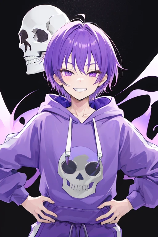 Purple Hair　short　boy　Age 15 years old　Purple hoodie　A cute skull mark on the hoodie　shortパンツ　He is looking at me with a grin.　Purple eyes　boy　Both hands on your hips