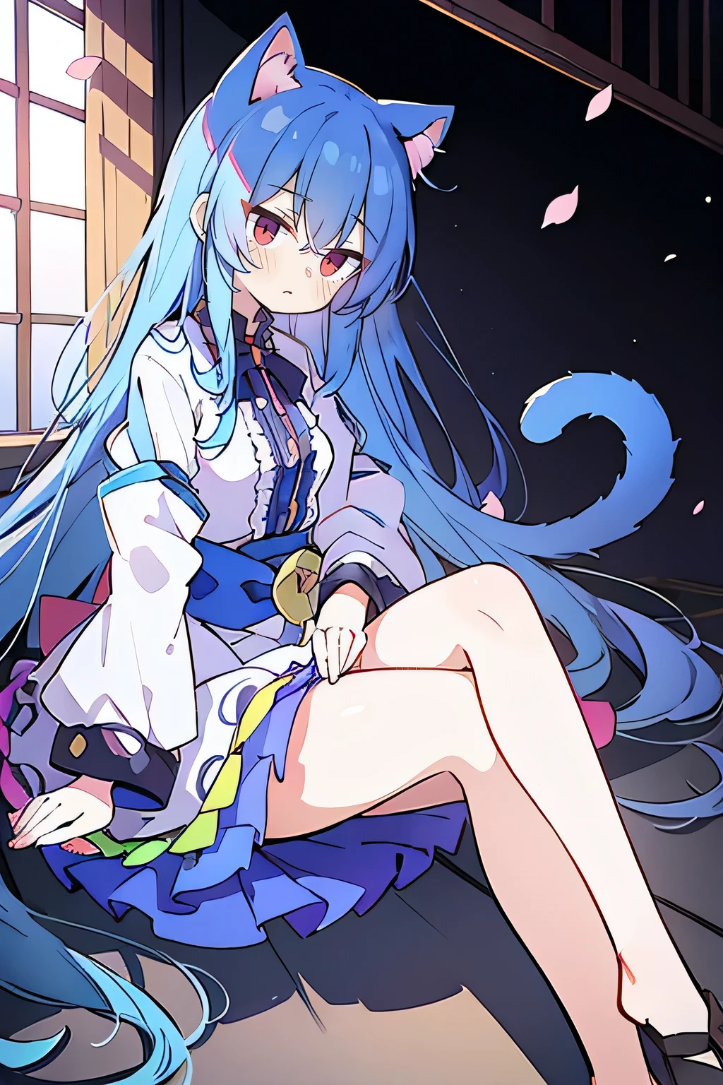(masterpiece:1.2),Super detailed,Practical,expressive eyes,Fair skin,Perfect face shaping,1 Girl,
Japanese cartoons,Gorgeous blue hair, the long flowing blue hair,Floating clothes,Cat ears,Petals falling,beautiful lola,Young Angel,
Hands on waist,sit elegantly on the ground,Cross your legs,Gentle and peaceful background,Cool and cozy pavilion,Sunset,