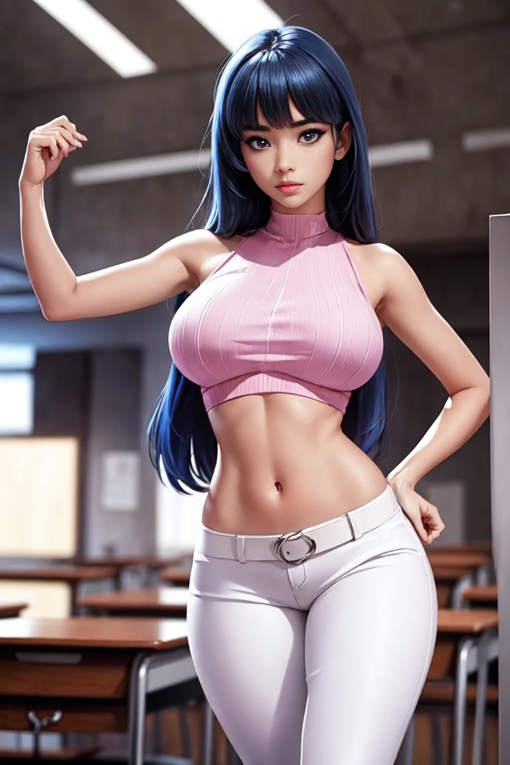 (ultra realistic,32k, masterpiece:1.2),(highly detailed skin:1.1),( high quality:1.1),
Pokemon Sabrina, blue hair, long hair, bang, (blunt bang:1.5), (Red eyes:1.5), hime cut, sidelocks, (Bright students:1.5), (white students:1.5), (pink ribbed crop top:1.1),without sleeves,top with spaghetti straps, covered navel, belt, White pants,,(I look at the viewer, standing, Above:1.1),, huge breasts,big breasts,(beautifully lit:1.1), alien bazaar, intergalactic traders, exotic goods, Cultural Exchange, blurred background