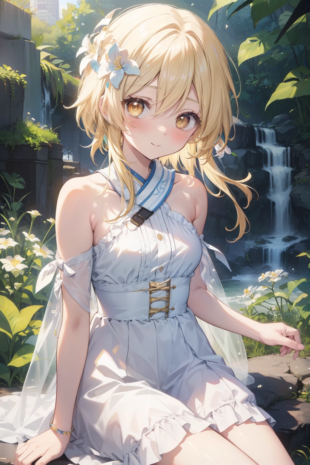 firefly、Good looking girl (blush, Perfect Face), independent , Looking at the camera, masterpiece, Anime art style, Cute Characters, Most detailed, high quality、Nico Nico Smile、There are highlights in the eyes、blonde、The whole body is visible、Lolita、Small breasts、Braided Short Hair、Flower decoration、Yellow Eyes、Show your armpits