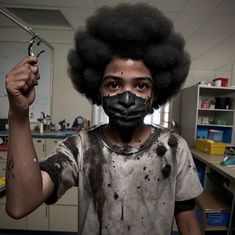 Selfie of a boy in elementary school covered in soot and with an afro after an explosion in the science lab