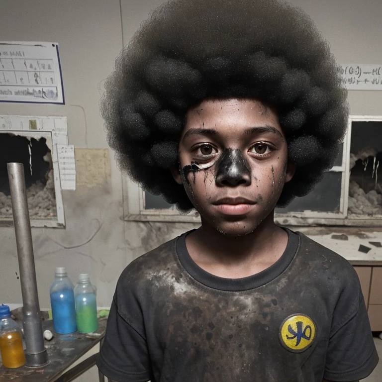 Selfie of a boy in elementary school covered in soot and with an afro after an explosion in the science lab