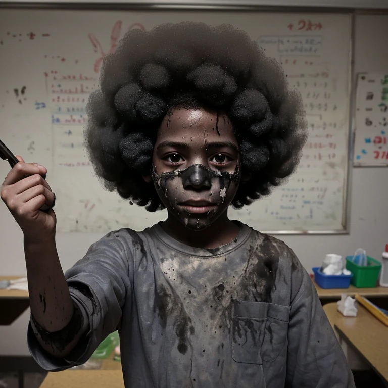 Selfie of a boy in elementary school covered in soot and with an afro after an explosion in the science lab