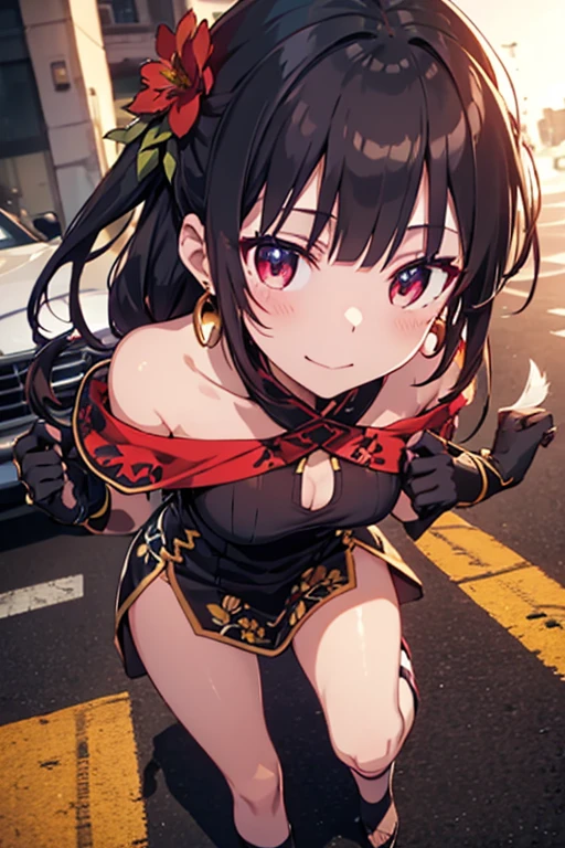 yor briar(spy × family), anime style beutiful woman, 1girl, fullbody ,happy, smile, red face, closed mouth, beautiful detailed eyes, super detailed skin, backlighting, bare shoulders, black background, black dress, black gloves, black hair, breasts, dress, earrings, fingerless gloves, floating hair, floral print, flower, gloves, gold earrings, gold hairband, hair flower, hair ornament, hairband, holding, holding weapon, jewelry, large breasts, long hair, looking at viewer, off-shoulder dress, off shoulder,red eyes, short hair with long locks, sidelocks, solo, spikes, thighs, two-sided dress, two-sided fabric, weapon, fighting stance , face, close up, from above, highest quality, high resolution.in the parking