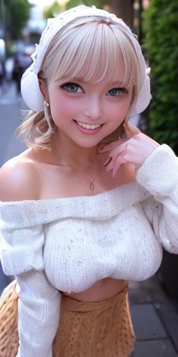 Tabletop, highest quality,
Very detailed, In detail, High resolution, In 8K,
((Photorealistic:1.4, Raw photo, 超A high resolution,Best image quality: 1.4)),
wallpaper,
((Perfect body composition 1.5)),
Beautiful fine details, Natural color lip,
((穏やかなsmile:1.5)),
((Random cute hairstyles)),
((Quite large breasts、I can see your chest:1.2)),((Wearing low-cut clothing and leaning forward:1.5)),
((from the front:1.5)),
((Proudly、Look under the eyes、Proudly、Mole on arm:0.9)),
((Randomly blurred background)),((The Sunset Sun)),((Place your fingertips on your lips)),
((Random and cute expressions)),,
Highly detailed and professional lighting、
Perfect dynamic composition, Beautiful fine details,((White off-the-shoulder knitwear:1.5)),((Micro Mini Skirt:1,5)),((smile,Harajuku)),((Looking into the camera))