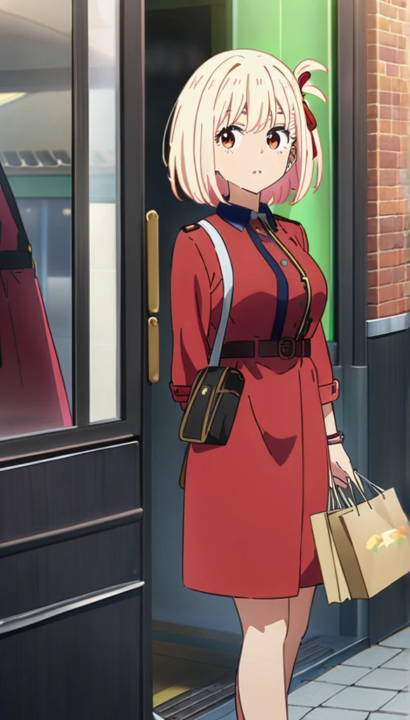 1girl, nishikigi chisato, lycoris recoil, shopping, outdoor, large breast, anime artwork, anime style, key visual, vibrant, studio anime, highly detailed, masterpiece, best quality, very aesthetic, absurdres