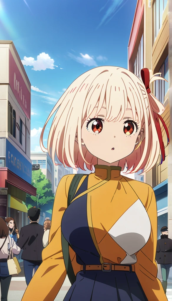 1girl, nishikigi chisato, lycoris recoil, shopping, outdoor, large breast, anime artwork, anime style, key visual, vibrant, studio anime, highly detailed, masterpiece, best quality, very aesthetic, absurdres