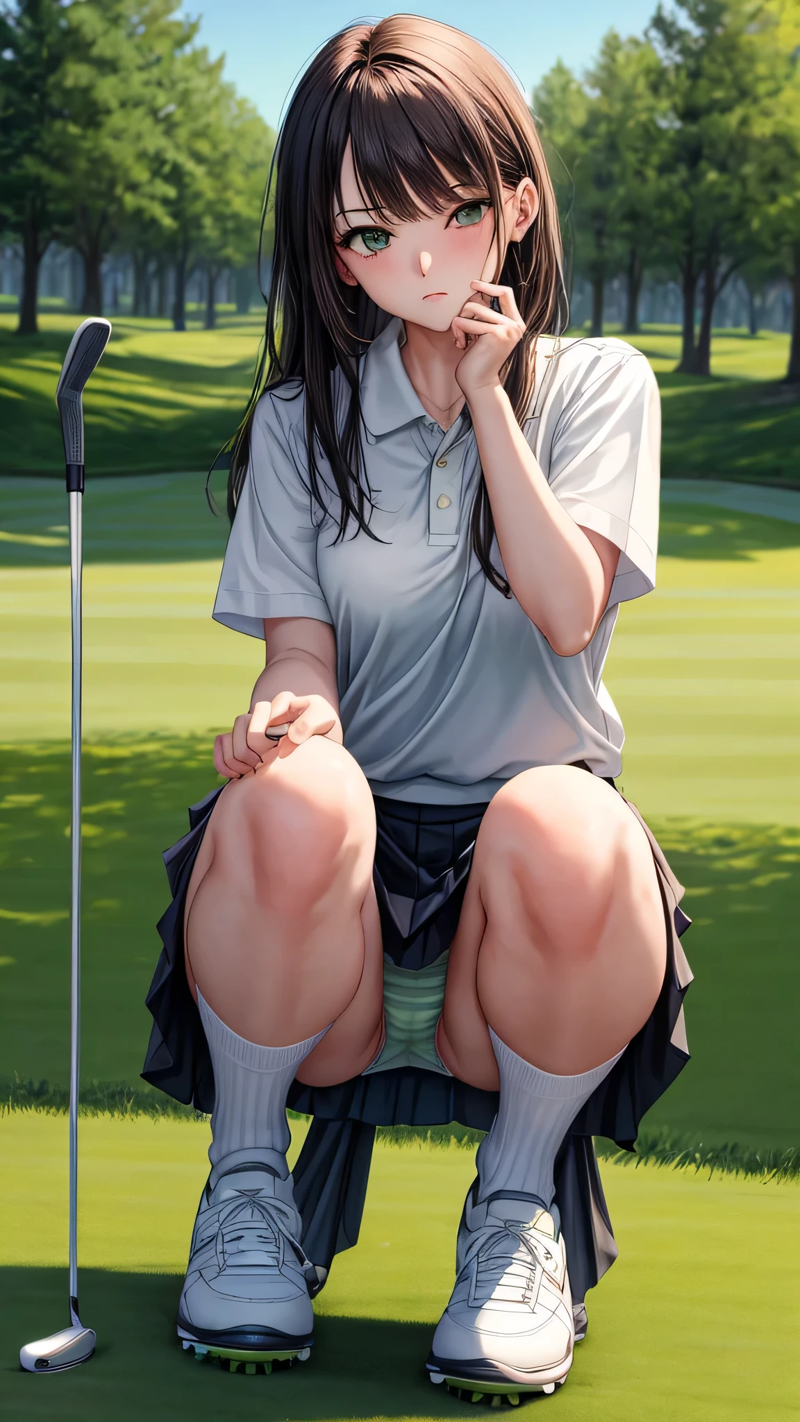 (masterpiece, highest quality:1.2), 1 cute girl, ideal ratio body proportions, open crotch, serious look, cameltoe, mini skirt, squatting, outstretched legs, knees up, read the grass on the green, (showing off panties:1.3), white shiny panties, holding a putter, front view, golf shoes, high socks, (one eye opened, holding a putter in front of her face:1.2), looking at the ground, 