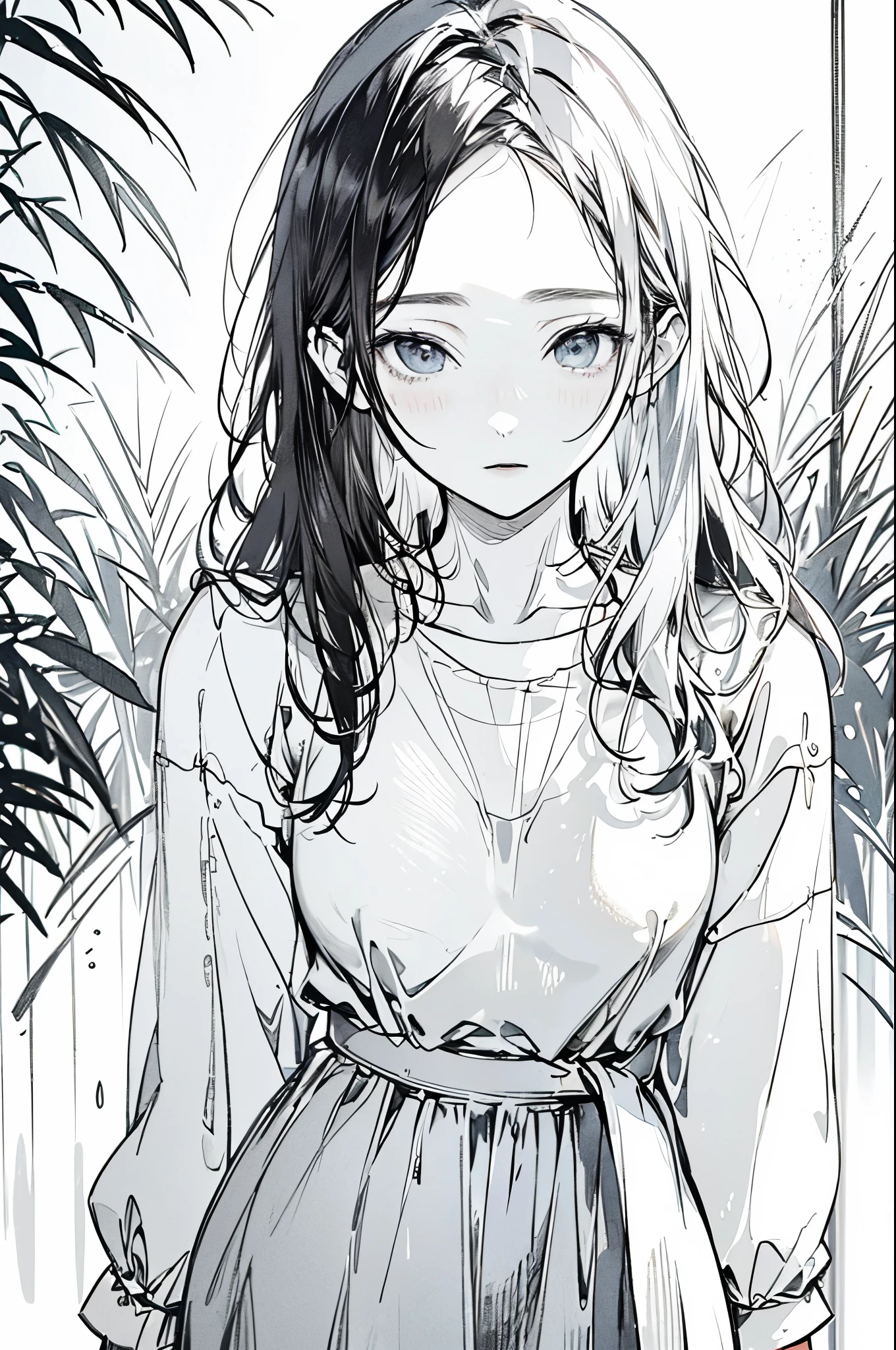 ((Biologically correct limb count))、(( Illustrations including faces))、4K、((Standing posture))、Masterpiece、((Focus on the face))、((Symmetrical, well-proportioned facial features))、Eyes with delicate depictions、Beautiful woman、Outstanding style、Beautiful clavicle、Beautiful legs、Beautiful Hands、Slender Body、Detailed depiction of faces、(shirt、skirt)、jungle、Droopy eyes、Illustration of a face seen from the front at an angle、