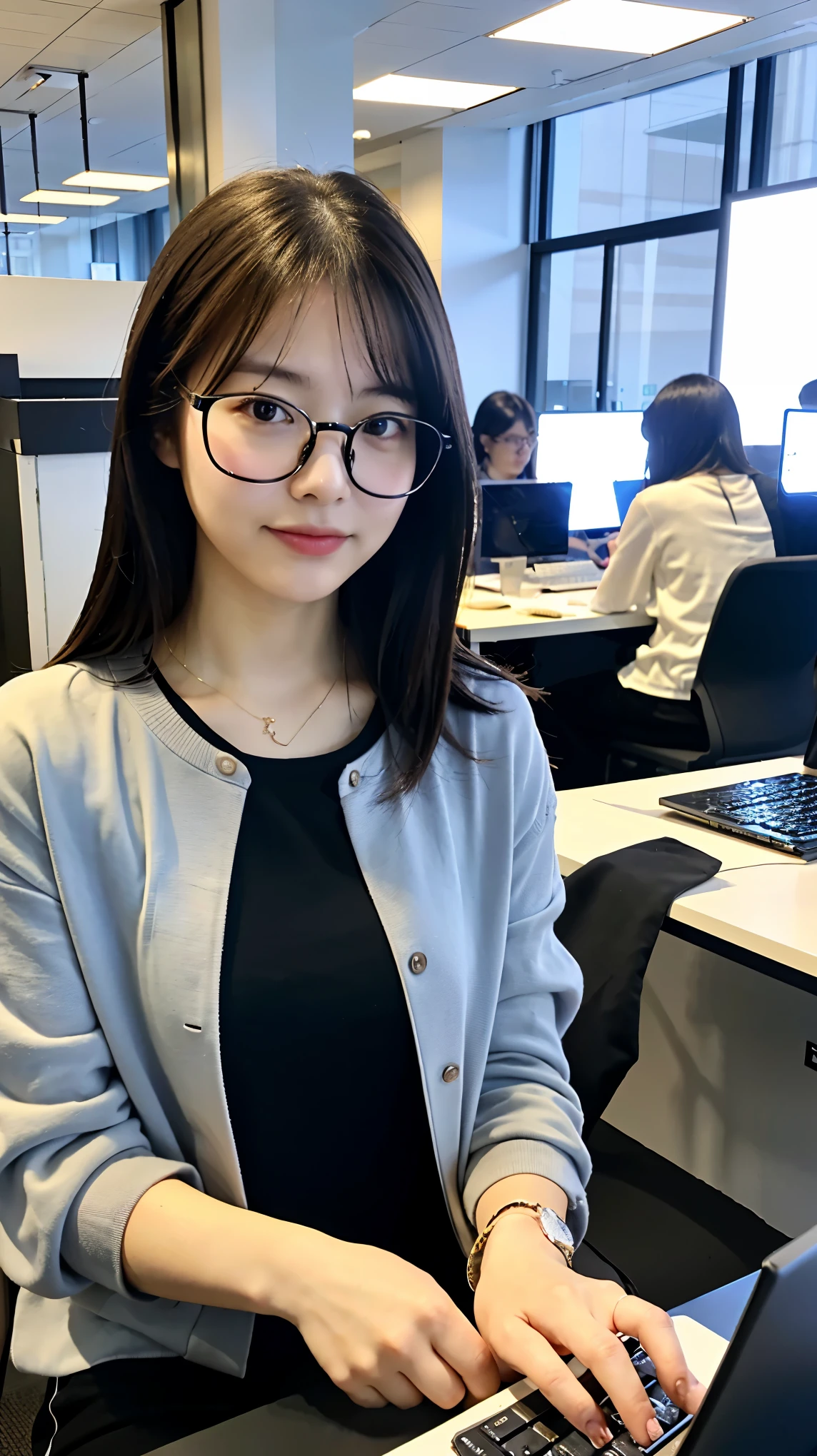((highest quality)), ((masterpiece)), (detailed), Perfect Face、She has the characteristics of a programmer.、Wearing stylish glasses、(Wearing modern casual clothing。) In the background、A tech-oriented, comfortable workspace is depicted.。