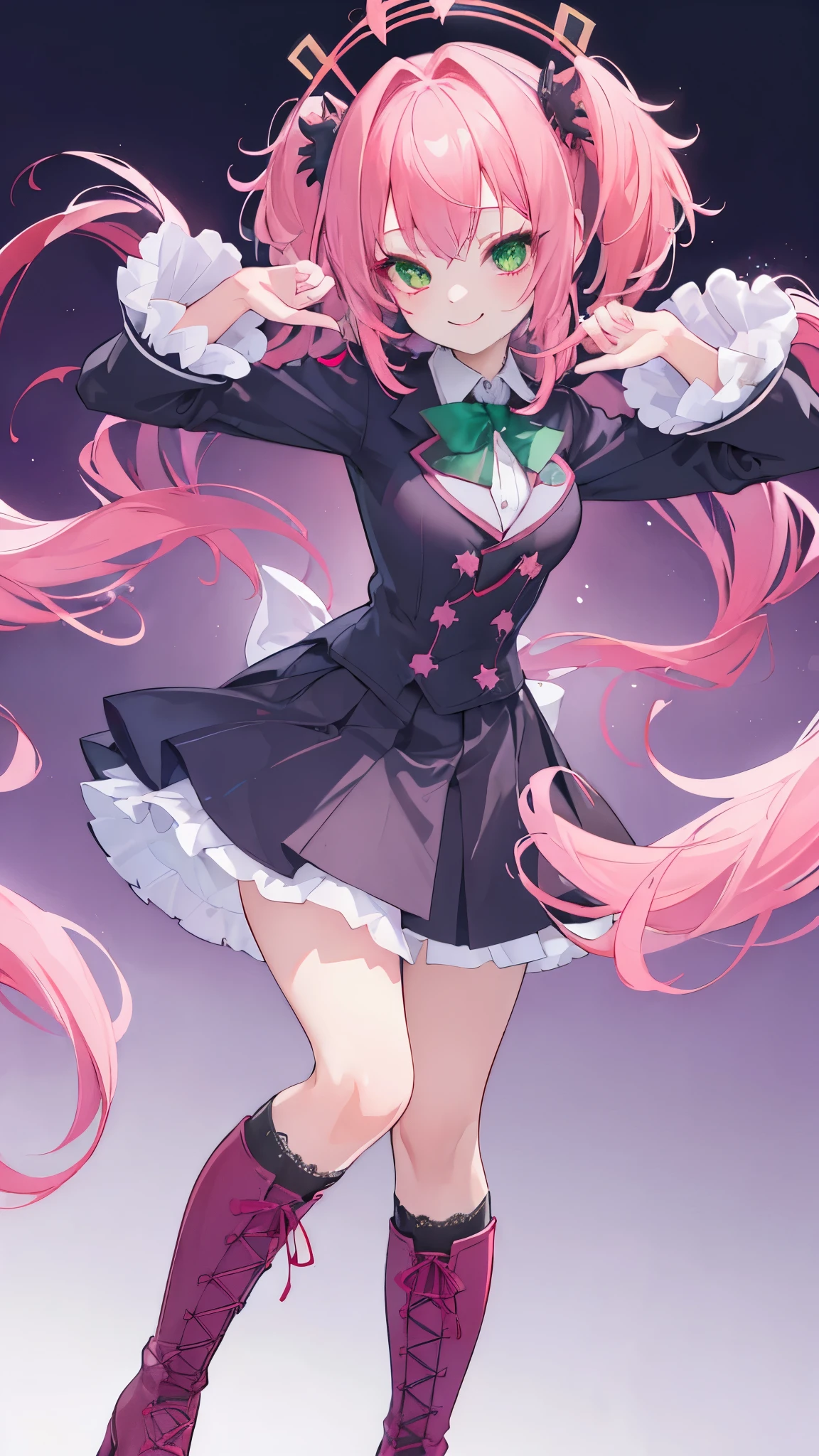 (((Top quality ultra detail,Unity 8K))),Twin Drill,Emerald Eyes,blazer:1.1 (School Uniform Gothic Lolita:1.2),Lace-up boots,Pink Hair,Medium Hair,smile,(whole body:1.3)