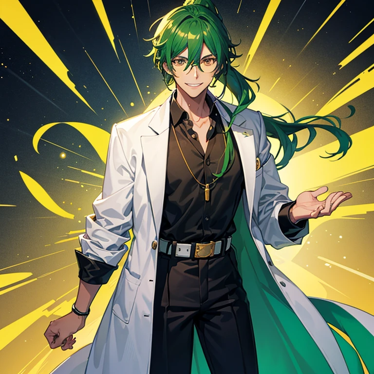 Tall young man, alone, tanned skin, long green hair tied in a ponytail, round glasses, yellow eyes, smiling, dressed in casual clothing with a lab coat and black belt as a necklace.