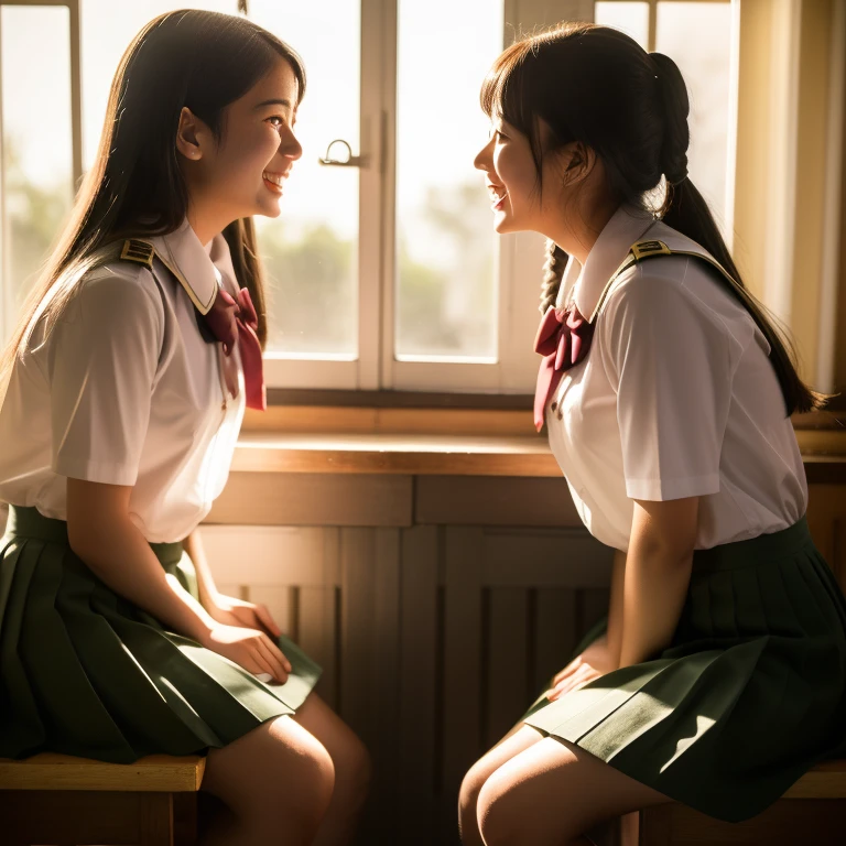 high resolution、16k、Fine details、after school, In the classroom,Girl in uniform having fun conversation. Their voices echo through the classroom, Their laughter illuminates the space.Another girl in uniform is joining the conversation. They look at each other, Seems to be sharing an interesting story. Classroom illuminated by the setting sun, Create a warm atmosphere that enhances fun.They value their free time, Deepening fellowship.