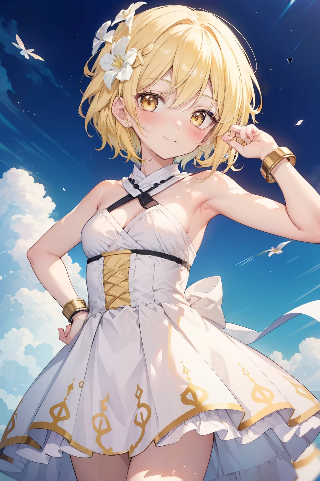 firefly、Good looking girl (blush, Perfect Face), independent , Looking at the camera, masterpiece, Anime art style, Cute Characters, Most detailed, high quality、Nico Nico Smile、There are highlights in the eyes、blonde、The whole body is visible、Lolita、Small breasts、Braided Short Hair、Flower decoration、Yellow Eyes、Show your armpits