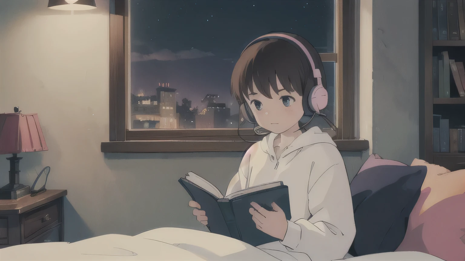 A girl reading a book with headphones on in her room at night,Large windows,