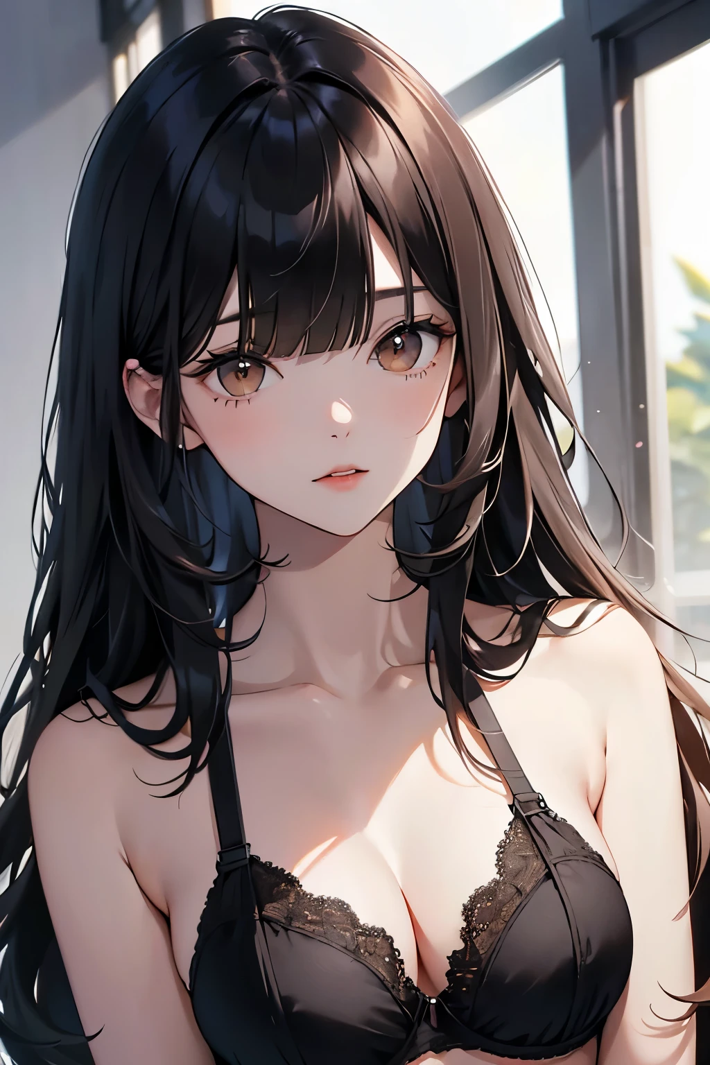 best quality, highres,Slender、Brown eyes、tall、Black Hair、(Long Hair:1.3),(Straight Hair:1.3)、(Bangs:1.3)、7 lifespan、Black Bra、slouch、Looking up