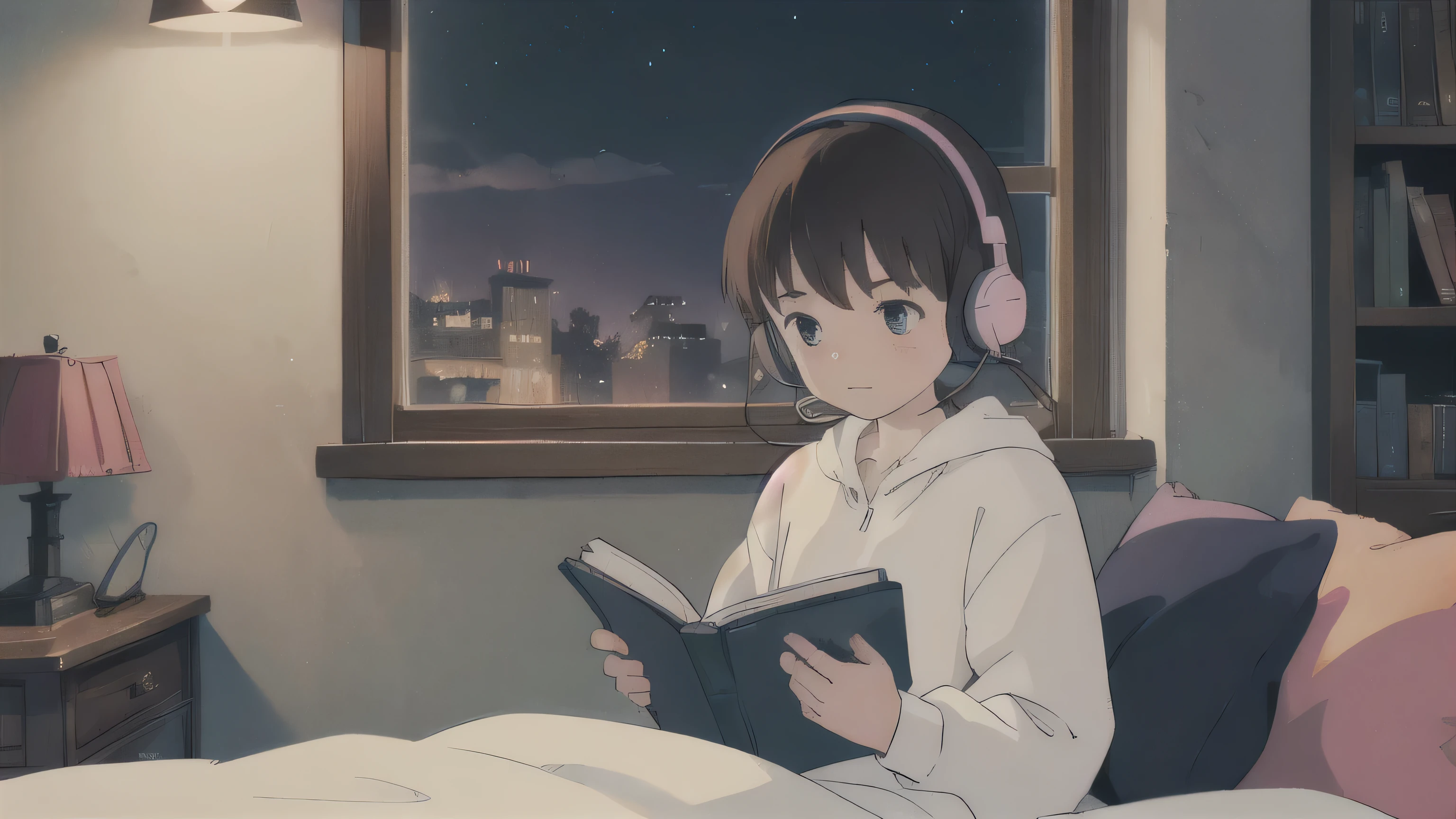 A girl reading a book with headphones on in her room at night,Large windows,