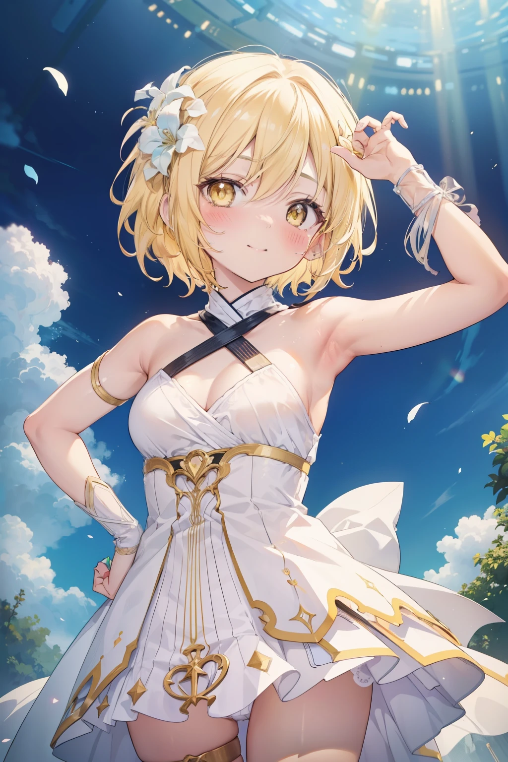 firefly、Good looking girl (blush, Perfect Face), independent , Looking at the camera, masterpiece, Anime art style, Cute Characters, Most detailed, high quality、Nico Nico Smile、There are highlights in the eyes、blonde、The whole body is visible、ta、Small breasts、Braided Short Hair、Flower decoration、Yellow Eyes、Show your armpits