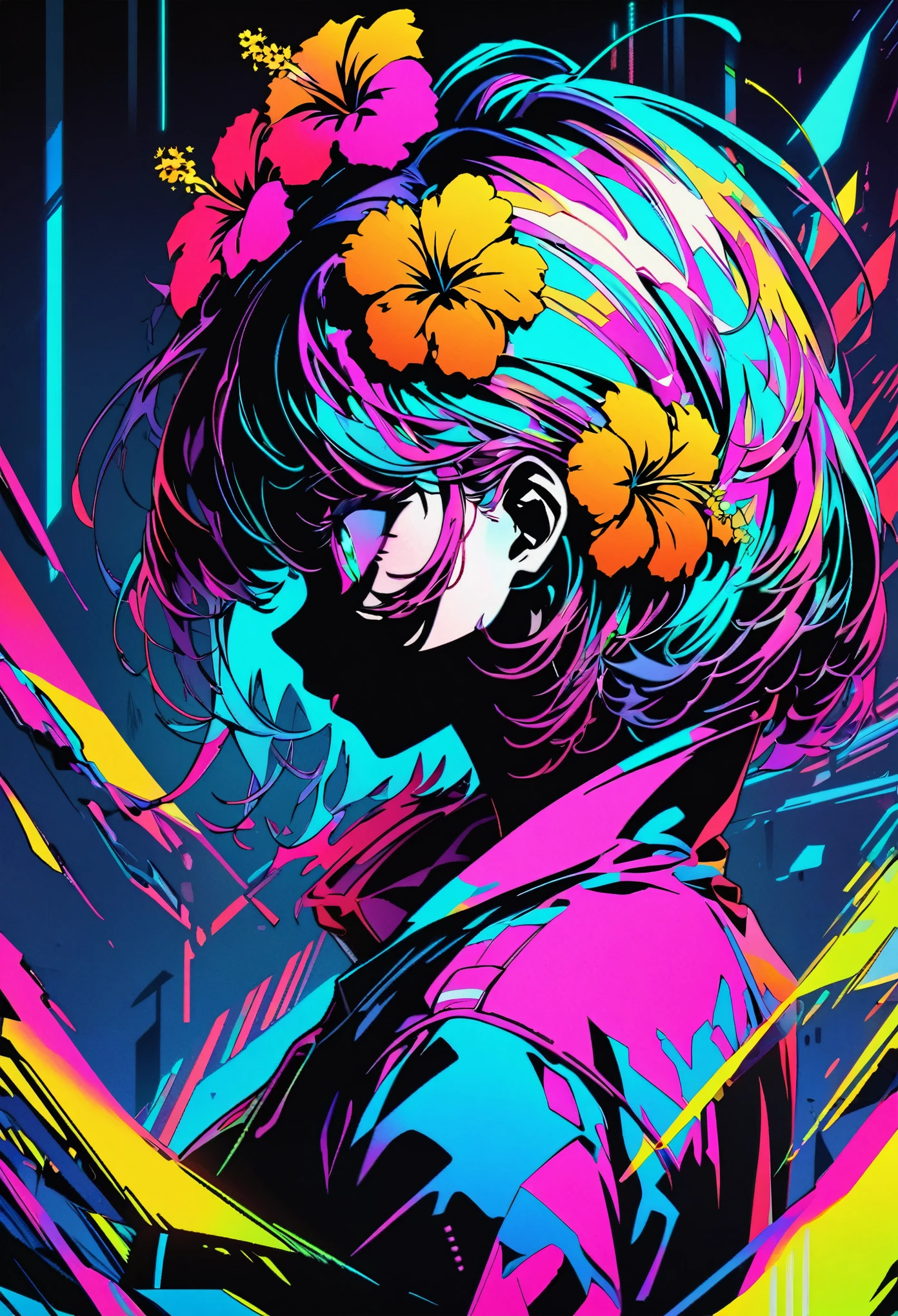 A black silhouette of an anime girl with a colorful hibiscus flower on her head. Flowers and blossoms should shine like diamonds and have different patterns. The background is dark and the lights are shining. The art style is digital, highly detailed and surreal style fantasy her illustrations. High resolution, high definition, neon colors and vibrant colors. There are glitch effects, holographic effects, neon lighting and hologram effects with cyberpunk elements. There is a high contrast between light and shadow, shadows and highlights.
