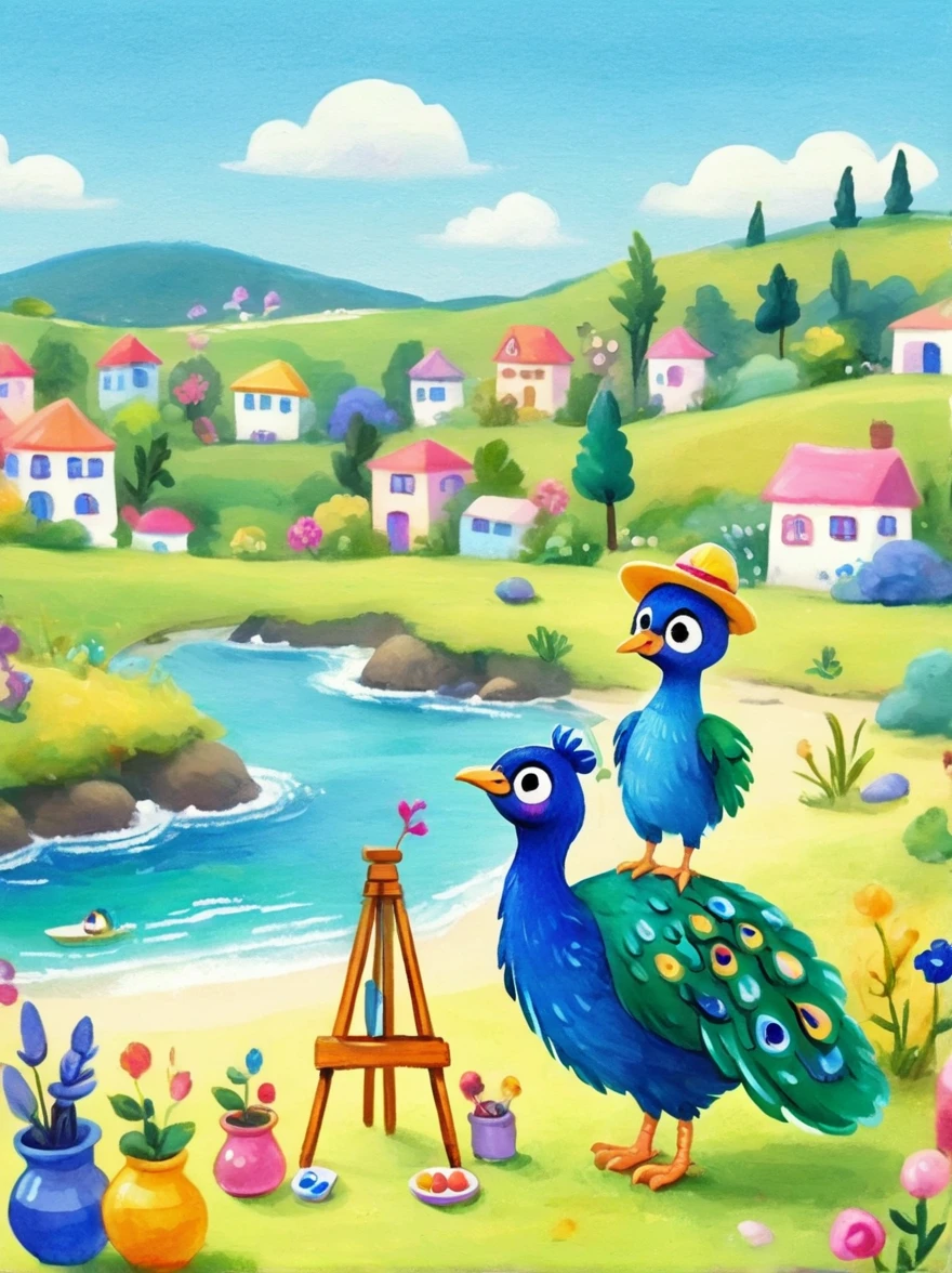 Photos with tilt-shift effect, Selective focus, Miniature effects, Very detailed, bright, View control, Naturally tilted pictures (Whimsical sense of art), charming additional fluffy, Cute peacock wearing a hat, ((He painted a still life on his easel, brush, sea view)), magic, macro photography, (charming:1.3), (luminescent: 1.2), (huge flora: 1.1), mystery, vivid photography, flashing light, Preoccupied, Bizarre, Disturbing, soft focus, Overly detailed digital art