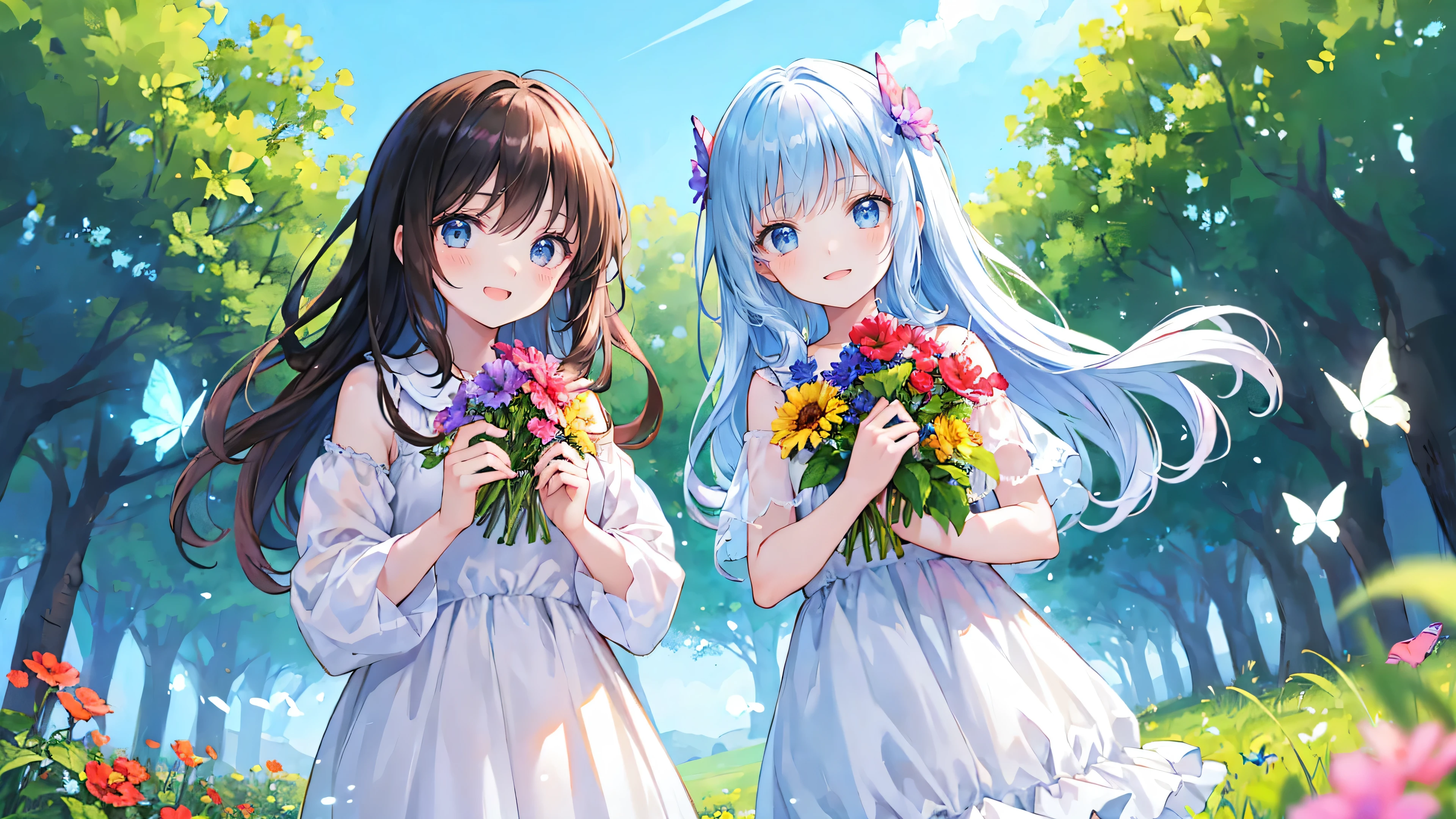 Two pure and innocent girls,(10 years old)、(2 people)、Cute face、Beautiful Eyes、Odd Eye、Natural Beauty、Warm sunshine、Wildflowers swaying in the wind々Surrounded by、Enjoying time in the fields。Butterflies and birds flutter around her、Creates a playful atmosphere、fun、smile、