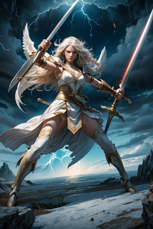flat colors,glorious victory scene,vivid colors,beautiful vintage warrior woman with very big white open wings,beautiful angry face,curly long hair,((((wielding 1 sword in defense position)))), white armor with gold embroid details, dynamic pose, storm sky and lightning clouds background