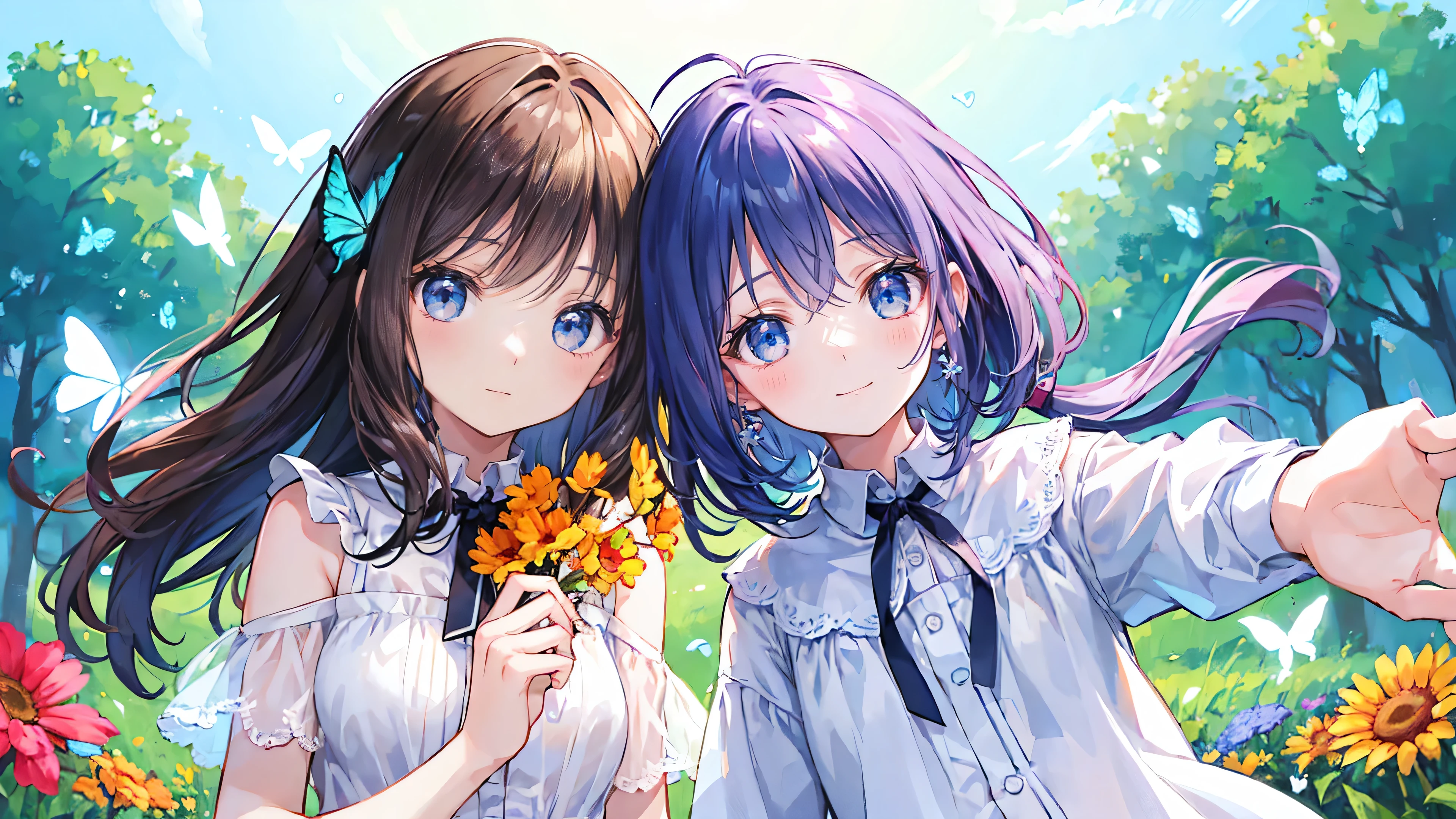 Two pure and innocent girls,(10 years old)、(2 people)、Cute face、Beautiful Eyes、Odd Eye、Natural Beauty、Warm sunshine、Wildflowers swaying in the wind々Surrounded by、Enjoying time in the fields。Butterflies and birds flutter around her、Creates a playful atmosphere、fun、smile、