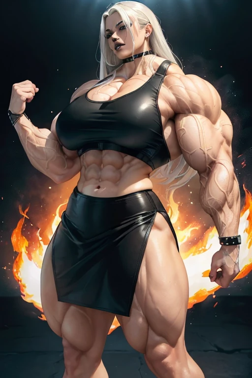 ((((Massive, beautiful, buff, light brown skinned, muscular woman with white hair, black lipstick, glowing blue eyes, ginormous bulky muscles, and wearing a black leather sports bra with loose skirt)))), close view, massive muscles, massive biceps, hyper muscle triceps, (long straight hair), blue eyes, (studded wristband), (loose skirt), high heels boots, (in a sea of white flames), surrounded by white fire, night, smirk, hyper muscles arms, hyper muscle legs, massive arms.