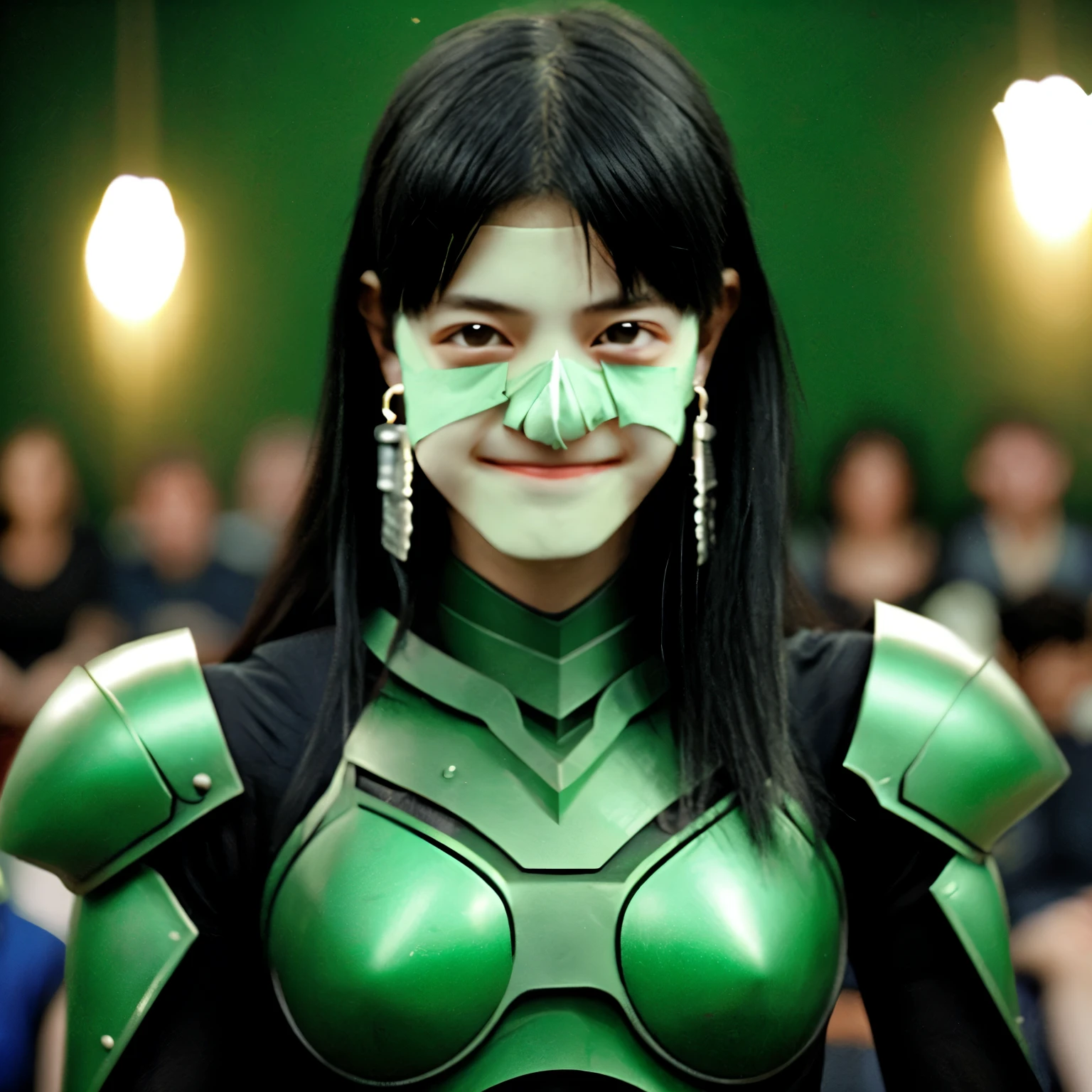 1人of女of子, armor, black_hair, Blurred, Blurred_background, Blurred_prospect, chest, green_eye, Closed_mouth, depth_of_Field, Earrings, jewelry, length_hair, Looking_in_Audience, smile, 一人in, upper_body