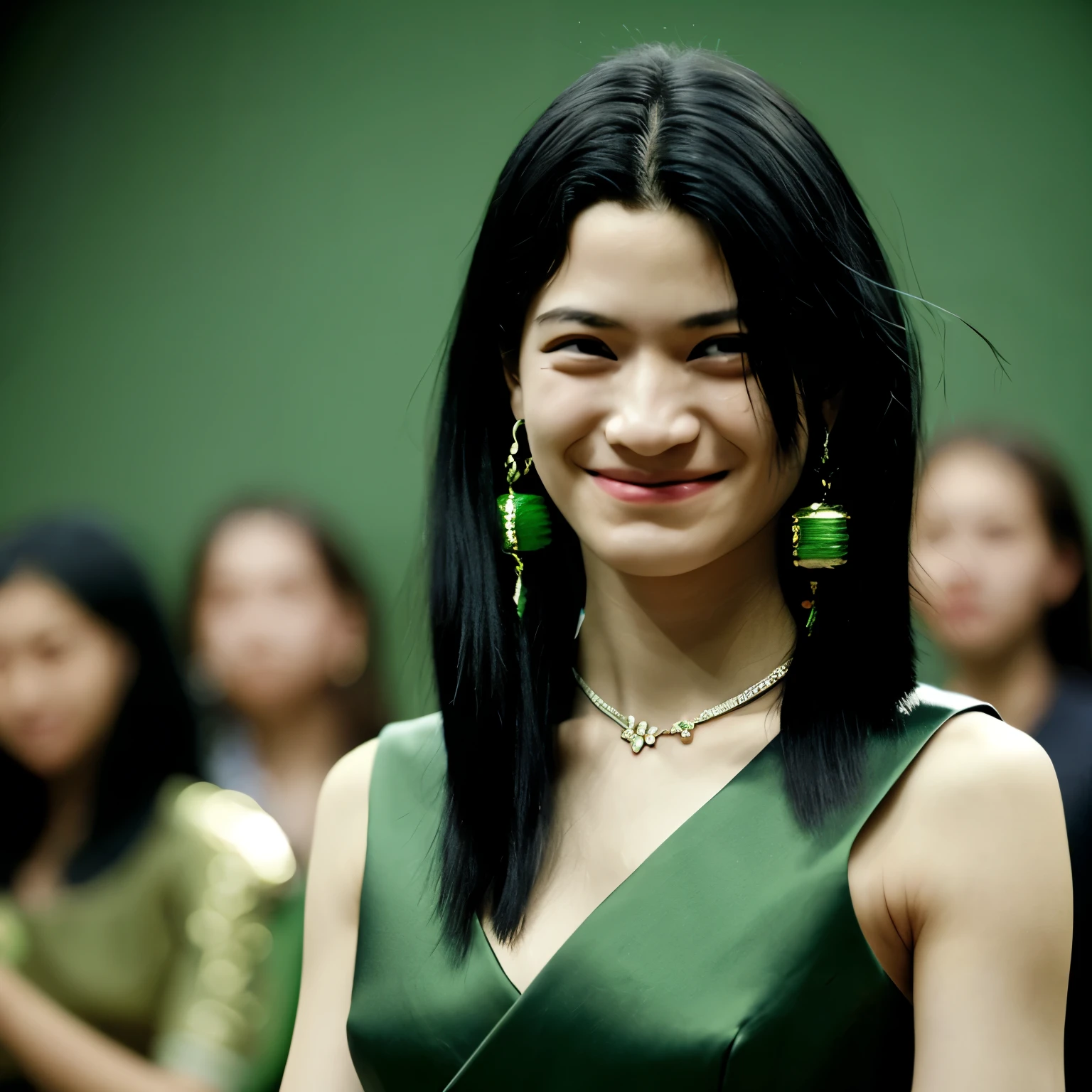1人of女of子, armor, black_hair, Blurred, Blurred_background, Blurred_prospect, chest, green_eye, Closed_mouth, depth_of_Field, Earrings, jewelry, length_hair, Looking_in_Audience, smile, 一人in, upper_body