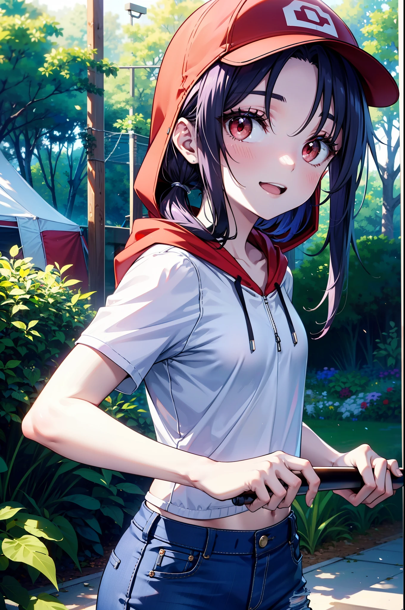 yuukikonno, Konno Yuuki, Long Hair, Pointed Ears, Purple Hair, (Red eyes:1.5), (Small breasts:1.2),smile, Open your mouth,Purple hoodie,Short sleeve,Baseball hats,Hoodie hood up,Red tank top shirt,Short denim,Red knee-high socks,High-top sneakers,Daytime,Clear skies,True Summer,barbecue,tent,
break looking at viewer, Upper Body, whole body,(Cowboy Shot:1. 5),
break outdoors, forest, nature,camp site,
break (masterpiece:1.2), highest quality, High resolution, unity 8k wallpaper, (figure:0.8), (Beautiful fine details:1.6), Highly detailed face, Perfect lighting, Highly detailed CG, (Perfect hands, Perfect Anatomy),
