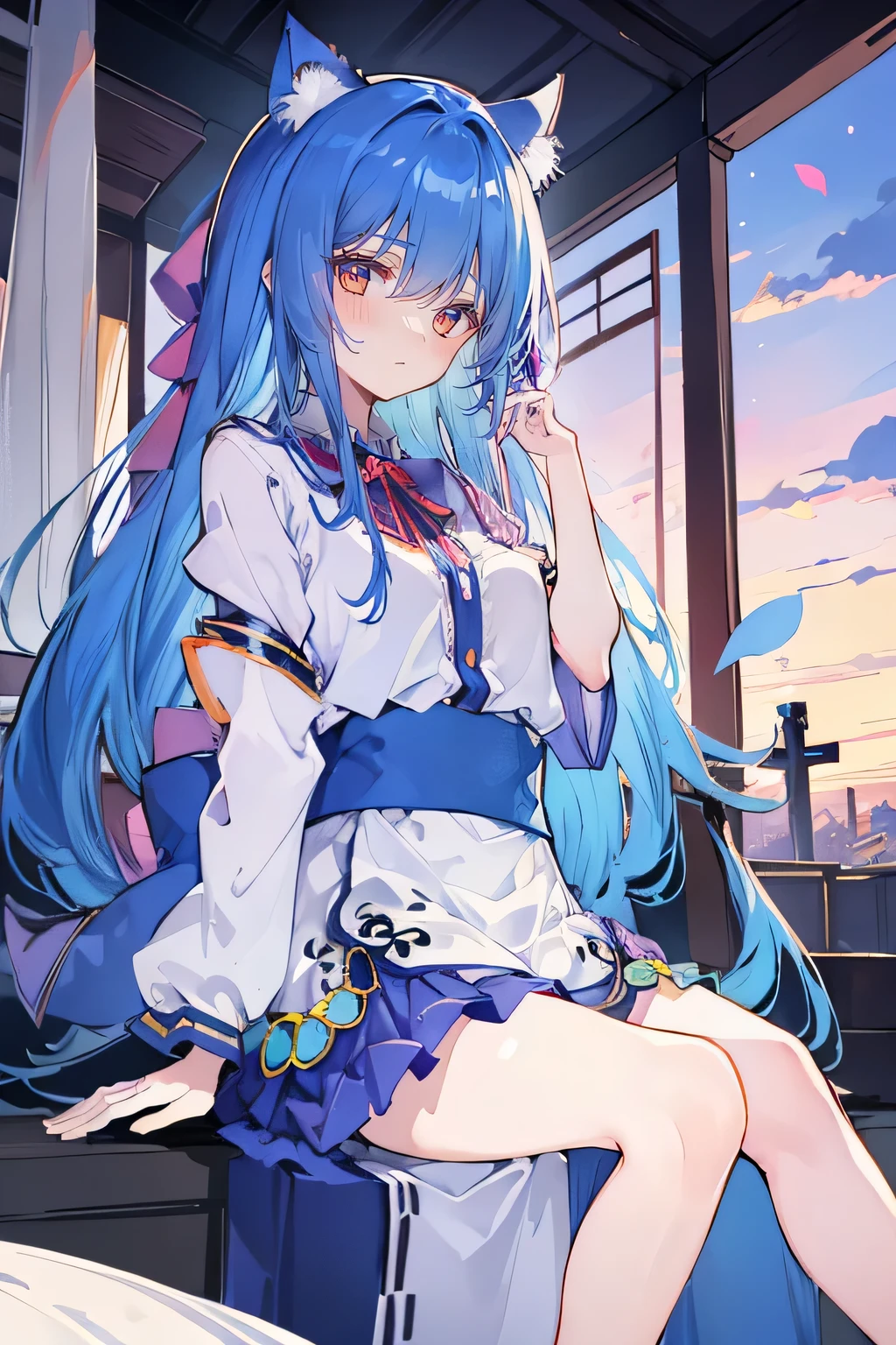 (masterpiece:1.2),Super detailed,Practical,expressive eyes,Fair skin,Perfect face shaping,1 Girl,
Japanese cartoons,Gorgeous blue hair, the long flowing blue hair,Floating clothes,Cat ears,Petals falling,beautiful lola,Young Angel,
Hands on waist,sit elegantly on the ground,Cross your legs,Gentle and peaceful background,Cool and cozy pavilion,Sunset,