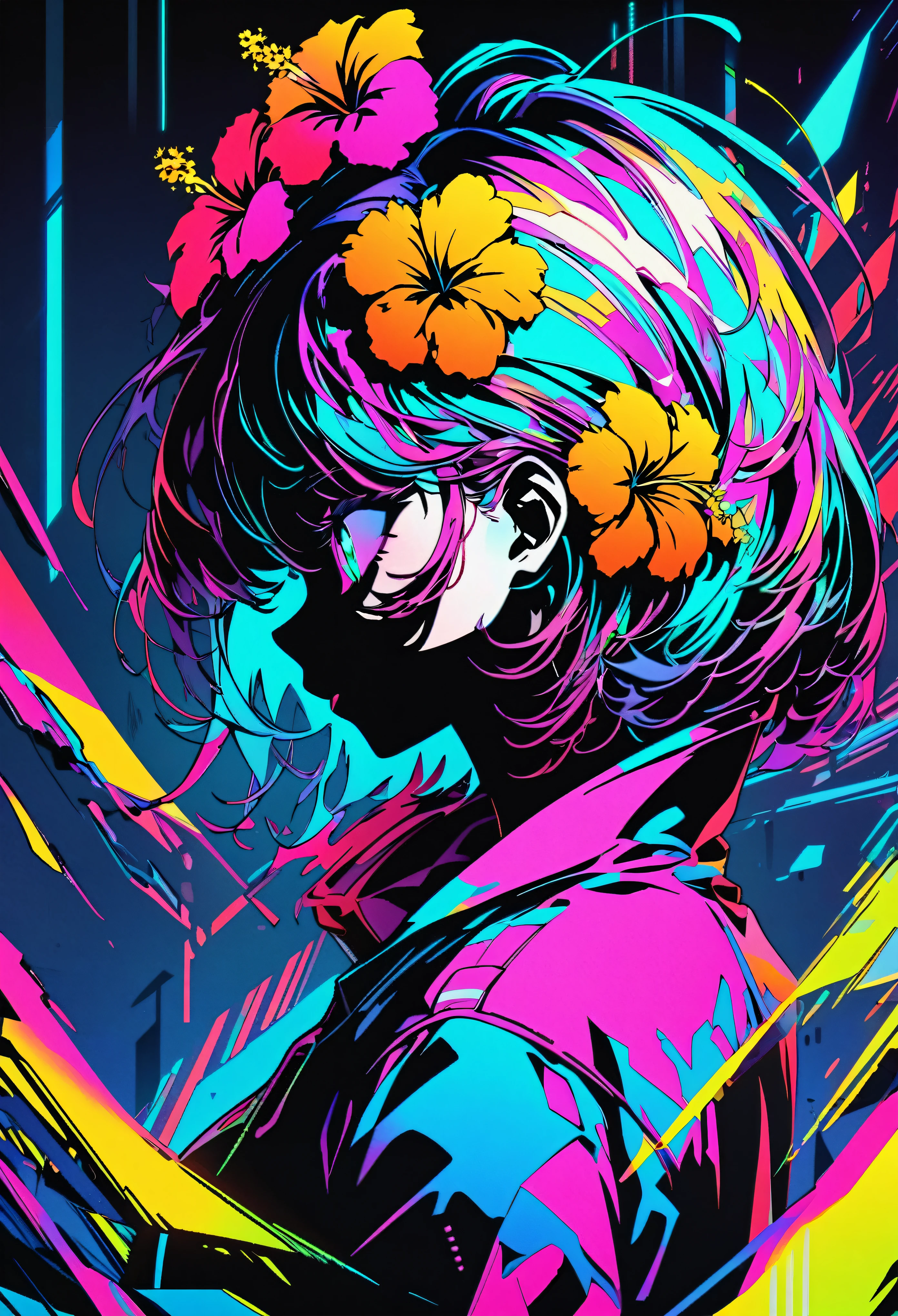 A black silhouette of an anime girl with a colorful hibiscus flower on her head. Flowers and blossoms should shine like diamonds and have different patterns. The background is dark and the lights are shining. The art style is digital, highly detailed and surreal style fantasy her illustrations. High resolution, high definition, neon colors and vibrant colors. There are glitch effects, holographic effects, neon lighting and hologram effects with cyberpunk elements. There is a high contrast between light and shadow, shadows and highlights. 