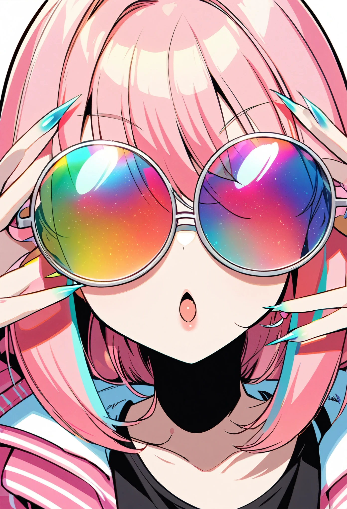 A woman with pink hair wearing futuristic round glasses with colorful jewels on the frames covering her eyes, long sharp nails, cute anime style, Y2K aesthetic, simple background, black tank top, pink Striped jacket, 