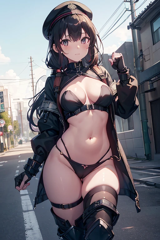 thynasha, 18yo girl Dark blue hair,long hair,ponytail,hair between eyes,bangs,outdoors,cityscape,standing,armor best,assault rifle,camouflage,holding weapon,load bearing vest,saide backpack,full body,best quality,masterpiece,highres,official art,extremely detailed cg unity 8k wallpaper(black beret, black jacket, open clothes, cleavage, midriff, black medium skirts, black thighhighs, thigh strap, fingerless gloves, single glove:1.2), Photo,sharpness, F1.6 lens,hyper-realistic textures,spectacular light textures, Cinestil 800 Fashion Mechanics,(((Beautiful woman with left leg restrained , hand hung by chains))),Appearance,Beautiful girl with accentuated slender abs: 1.1,six-pack abs: 1.1, Bust Botox,Standing on tiptoe, long legs,Long brown hair fluttering in the wind,Brown hair, Long hair, Female Warrior Costume,(No panties,No bra),(tacticul battle fashion,elbow and knee tacticul battle fashion, battle glove: 1.1),((cute batre costume)),The belly comes out and the navel is visible,Thin sheer costume, combat gloves,shredded costumes,cyber long combat boots with golden knee pads,Anatomical,(futuristic sci-fi battle fashion, new elbow and knee cyberpads, new cyberlong boots, new cybergloves: 1.1),(tied perfectly by iron chain), Restraint, Slave, collars, contempt, (Chained), 4 chains hung from heaven, Metallic shackles and fetters, wet crotch clearly visible,((Hands are restrained above the head)), the neck is chained,Chain from left knee to heaven,Chained by rusty iron chains,((the tip is protruding, areolas protruding,The shape of the pubic harearea is clearly visible:1.2)),Sweating,Wet,Wet crotch,Wet thighs,Junkyard, Realistic, (cute, perfect clothes, skimpy clothes, cute: 1.3) ,Vast miritary base in us,((wide mirtary hospital with summer sunlight)), peeling ceilings, Rebar between, Realistic material details, Extreme details, Ultra-realistic materials,narrow waist,(Sexy belly,Constricted hips, beautiful medium ass:1.5),(with sparkling eyes and a contagious smile:0.9)