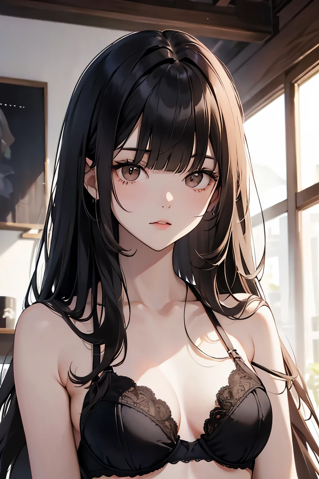 best quality, highres,Slender、Brown eyes、tall、Black Hair、(Long Hair:1.3),(Straight Hair:1.3)、(Bangs:1.3)、7 lifespan、Black Bra、slouch、Looking up