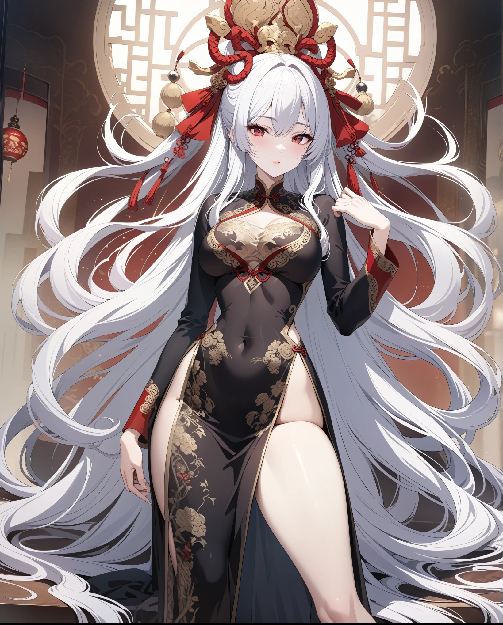 unparalleled masterpiece, ultra realistic 8k CG, perfect artwork, ((perfect female figure)), white hair, red eyes, mature female, milf, narrow waist, chinese deity, looking at viewer, seductive posture, sexy pose, alluring, clean, beautiful face, pure face, pale skin, absurdly long hair, shiny skin, skindentation,delicate pattern, intricate detail, (rich:1.4), (extremely detailed 8K chinese long embroidery silkrobe and silk long clothes and dress:1.2),slim body