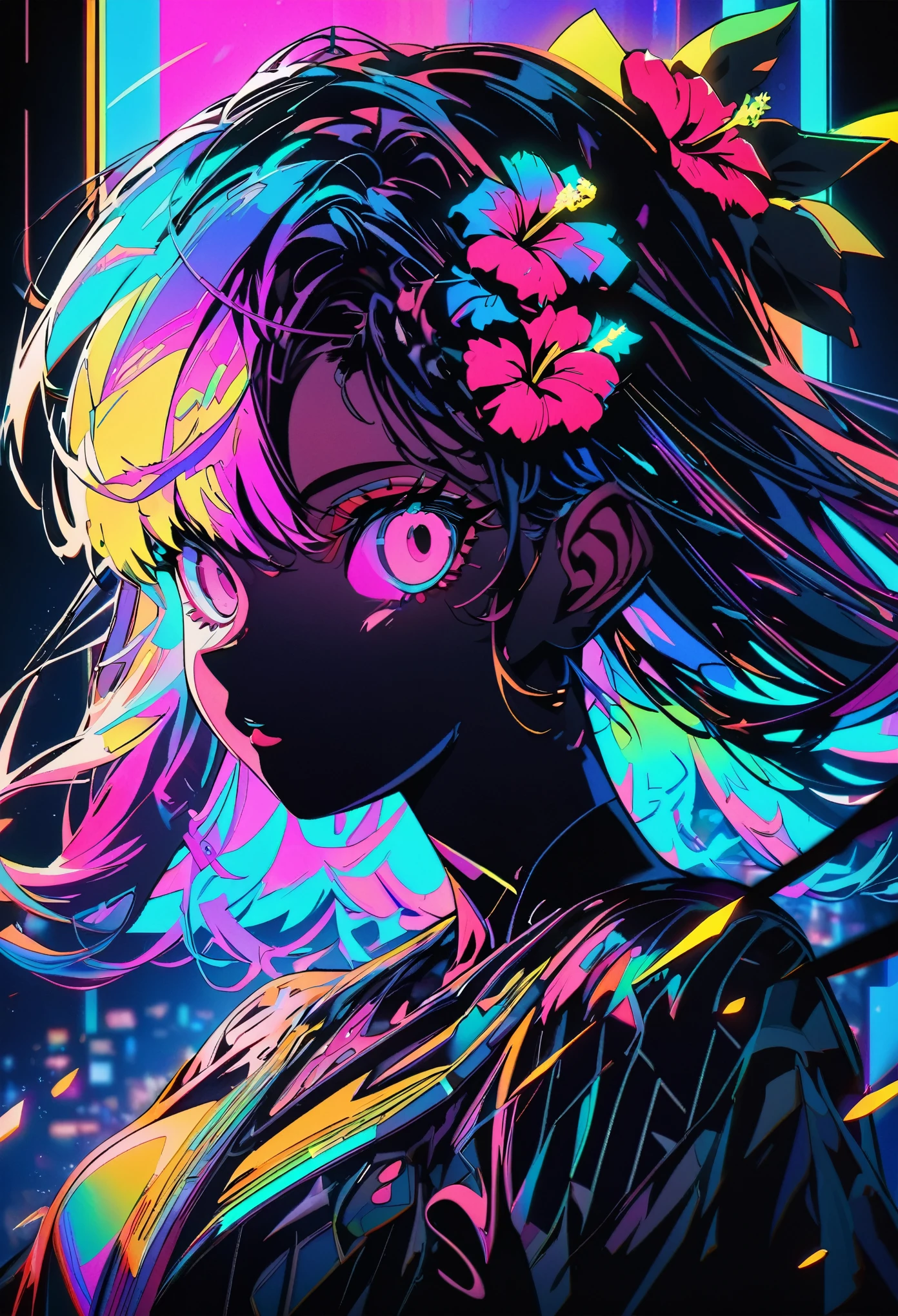 A black silhouette of an anime girl with a colorful hibiscus flower on her head. Flowers and blossoms should shine like diamonds and have different patterns. The background is dark and the lights are shining. The art style is digital, highly detailed and surreal style fantasy her illustrations. High resolution, high definition, neon colors and vibrant colors. There are glitch effects, holographic effects, neon lighting and hologram effects with cyberpunk elements. There is a high contrast between light and shadow, shadows and highlights.