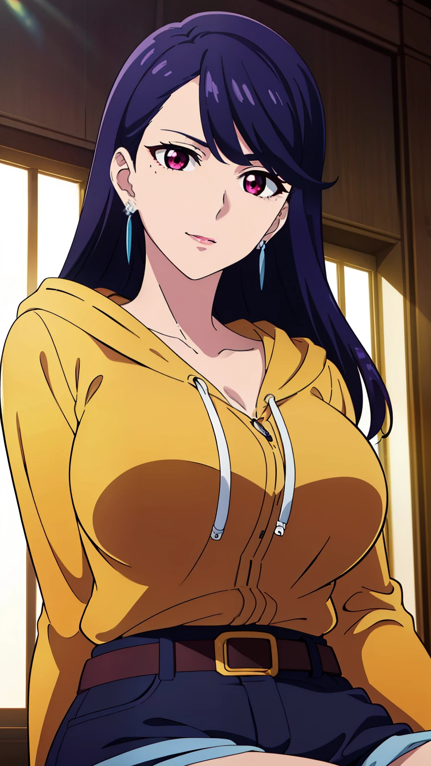 rifa,1 girl,(Purple eye, Purple hair),bangs,Long Hair,(Earrings, Orange hoodie, No sleeve, Side bust, Shorts, belt), 
20 years,young woman,beautiful long legs,beautiful body,
beautiful Nose,beautiful character design, perfect eye, perfect face,expressive eye,Perfect balance,
View your viewers,(Focus on her face), (Innocent_big_eye:1.0),
Anime art style,Dynamic Angle,Official Art,Very detailed CG Unity 8k wallpaper, Perfect lighting,colorful, bright_front_face_Lighting,White skin,
(masterpiece:1.0),(Highest_quality:1.0), 超High resolution,4K,Very detailed,
photograph, 8k, High resolution, High resolution, (Absurd:1.2), Kodak Portrait 400, Film Grain,  Lens flare, (Vibrant_color:1.2),Professional Photograph,
(beautiful_Big Breasts:1.4), (beautiful_face:1.5),(narrow_Waist),