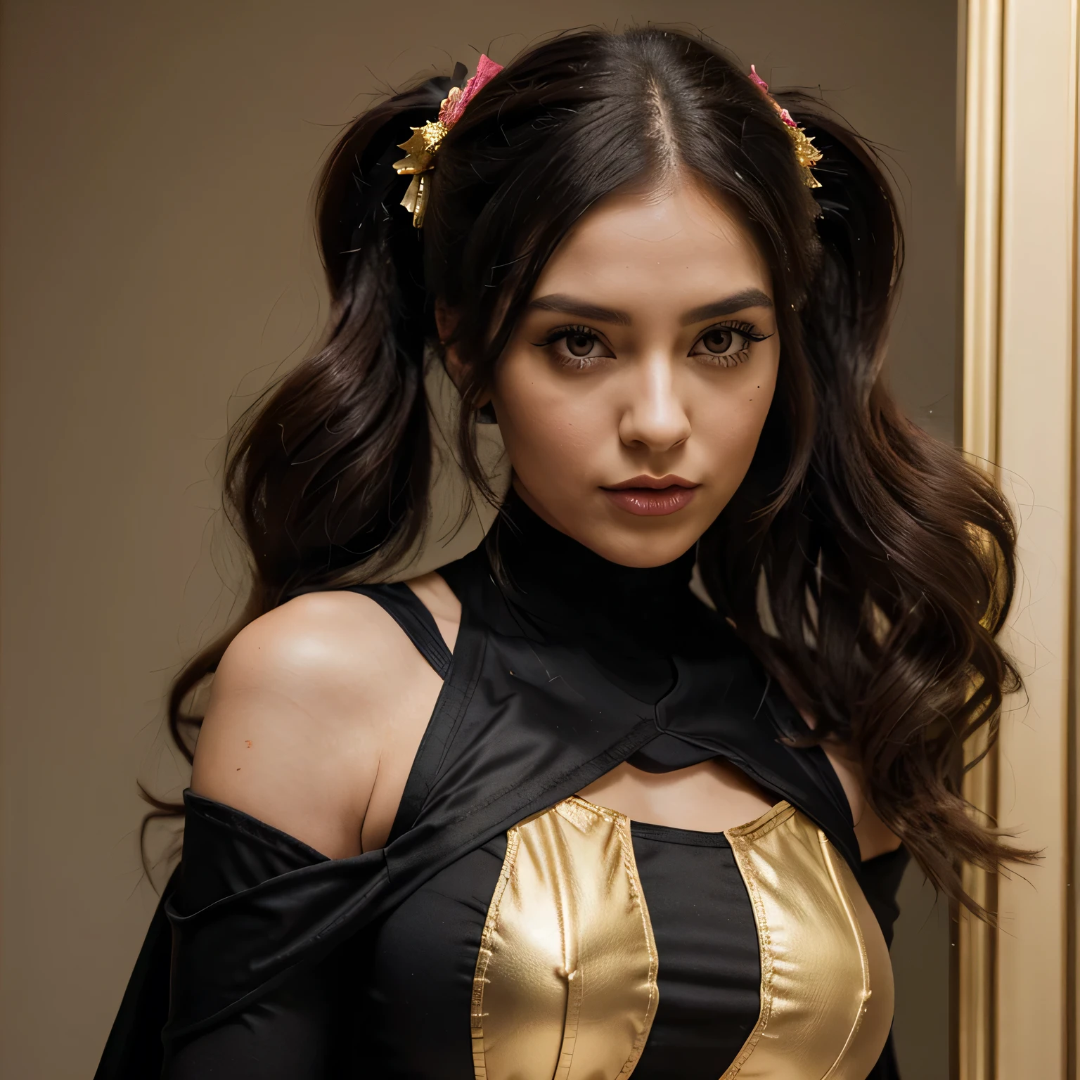 A beautiful hyperreal woman who represents Sailor Moon. Black hair, very big breasts, giant butt, tiny waist. Her face has Japanese anime features. Pigtails: she has long black hair that reaches approximately the middle of his back. Her distinctive hairstyle consists of two high, voluminous pigtails that extend up and out from the top of her head. Bows: At the base of each ponytail, she wears a large bow that keeps her hair in place. Bangs: She has short, blunt bangs that frame her face and curve to the sides. She wears a bold and empowering ensemble fit for a superheroine, with the foundation being lingerie-inspired attire. The outfit consists of a daring yellow bodysuit crafted from luxurious satin or silk, serving as the base layer for her superhero costume. The bodysuit features intricate lace detailing in vibrant hues, reminiscent of lingerie from Victoria's Secret.

To complement the lingerie-inspired bodysuit, she wears a flowing cape in a rich jewel tone, such as deep yellow, adding a touch of drama and elegance to her ensemble. The cape is adorned with shimmering accents or metallic embroidery, further enhancing her superhero persona.

Her accessories include a sleek and stylish mask in a coordinating color, adding an air of mystery and sophistication to her look. She wears thigh-high boots crafted from supple yellow leather or suede, with metallic accents or lace-up details, completing her powerful and dynamic appearance.

For makeup, she opts for a bold and glamorous look, with dramatic winged eyeliner and a bold lip in a complementary shade to her cape. Her hair is styled in voluminous waves or a sleek updo, adding to her overall aura of confidence and strength.

With a determined expression on her face, she exudes confidence and charisma as she embraces her role as a modern-day superheroine. Whether fighting crime or attending a high-profile event, she commands attention and respect with her fearless attitude and undeniable presence.