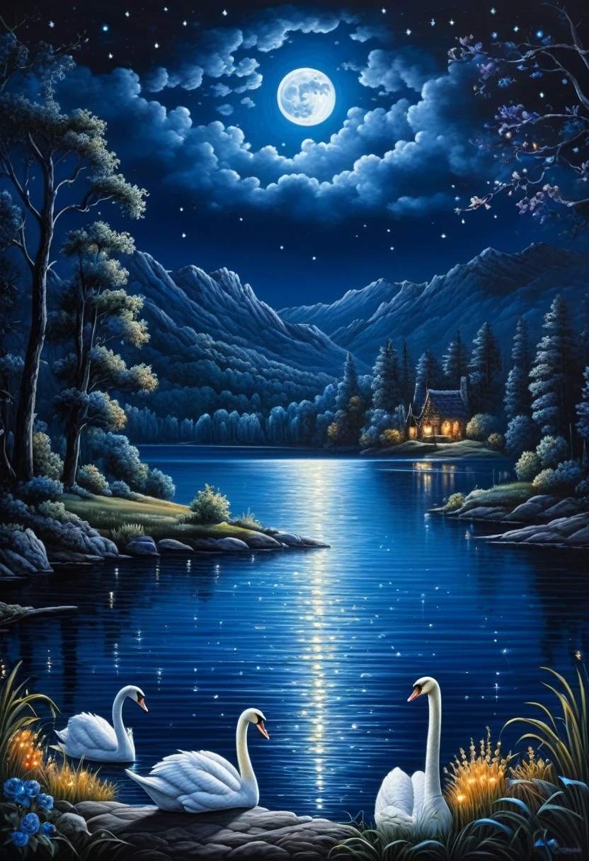 starry dark blue night at the lake, shelf, full moon, swan, painting of light, colorful and magical lights, (masterpiece, best quality, Professional, perfect composition, very aesthetic, absurdres, ultra-detailed, intricate details:1.3)